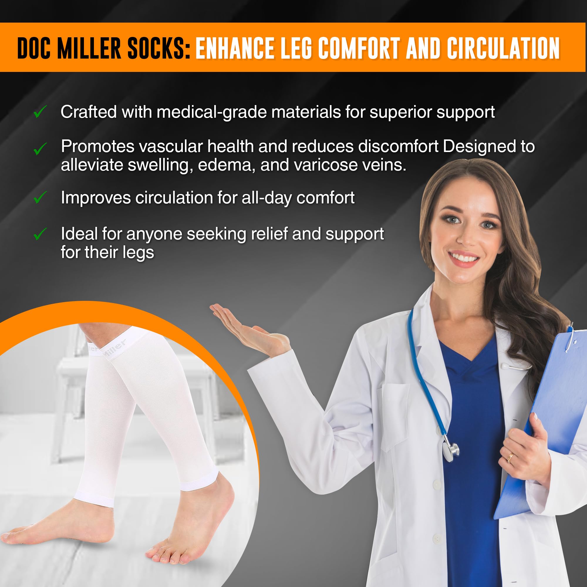 Doc Miller Manicotto a compressione per polpaccio per uomini e donne, di grado medico, 15-20 mmHg, supporto graduato per corsa, strappo al polpaccio, periostite, ginocchiere, maniche bianche per