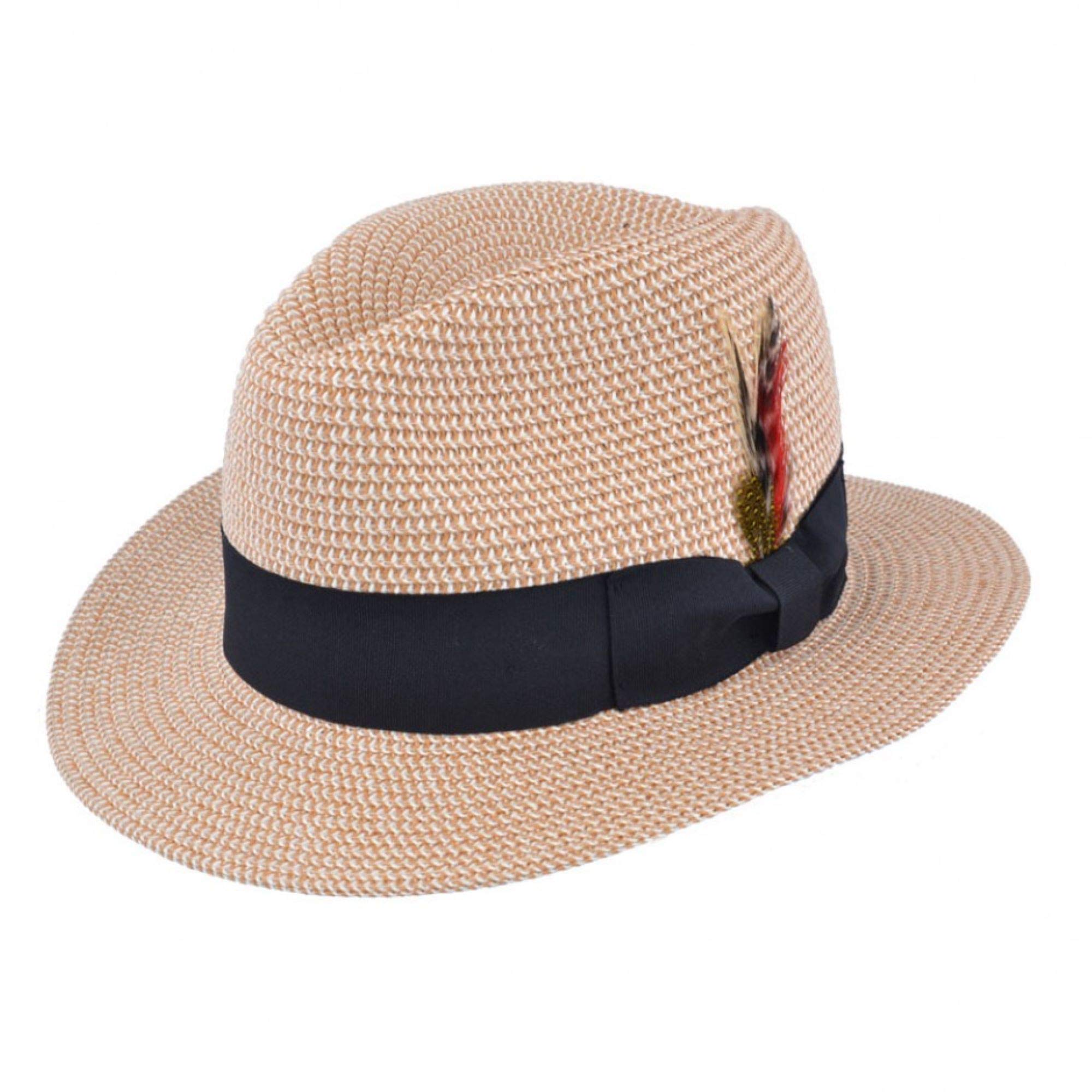 Maz Unisex Natural With Feather Paper Straw Crushable Foldable Summer Panama Fedora Hat With Band And Adjustable Sweatband In 8 Colours (Medium(57Cm), )