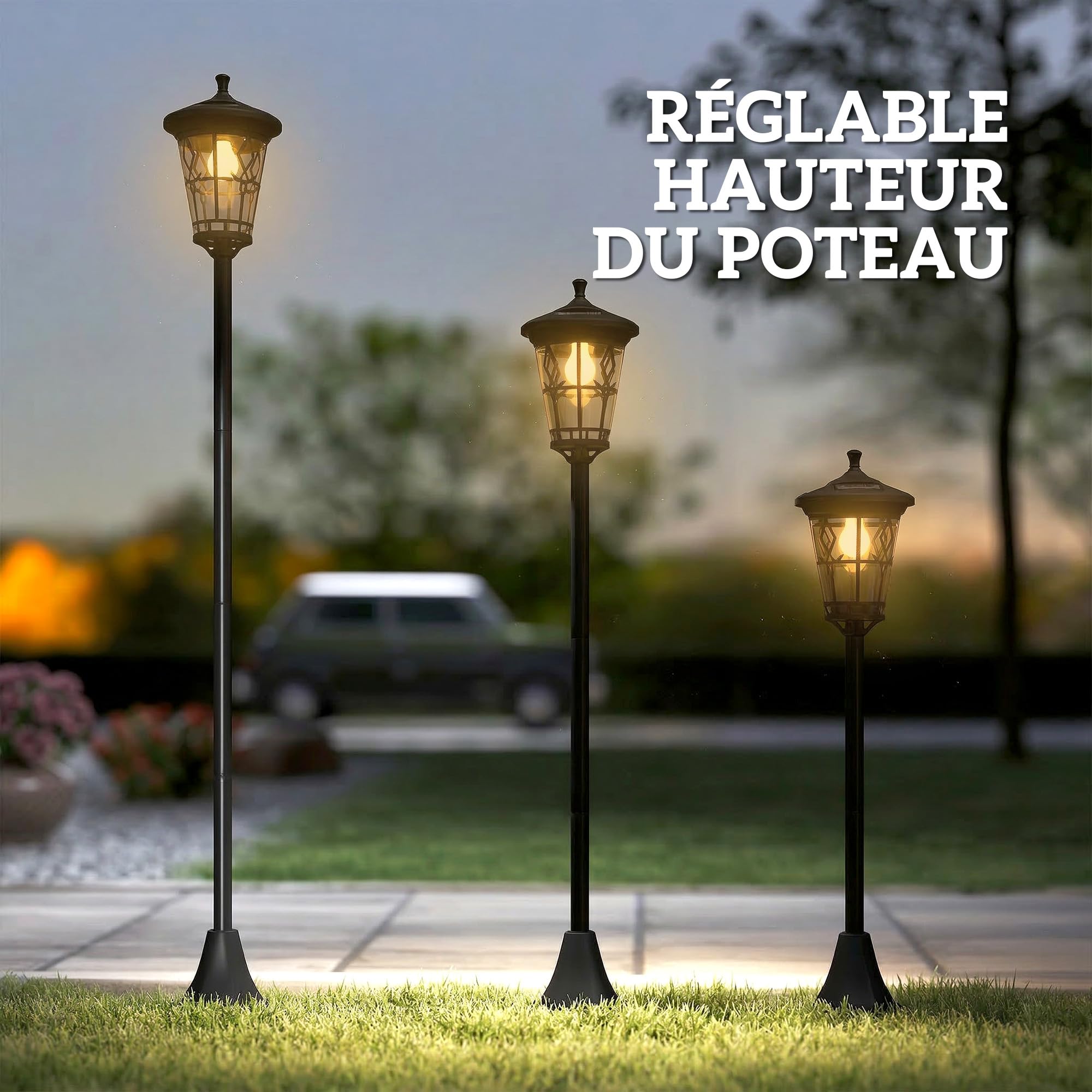 Outsunny Lampadaires Solaires Extérieurs Lot de 2 Réglables 1,86 m Noir