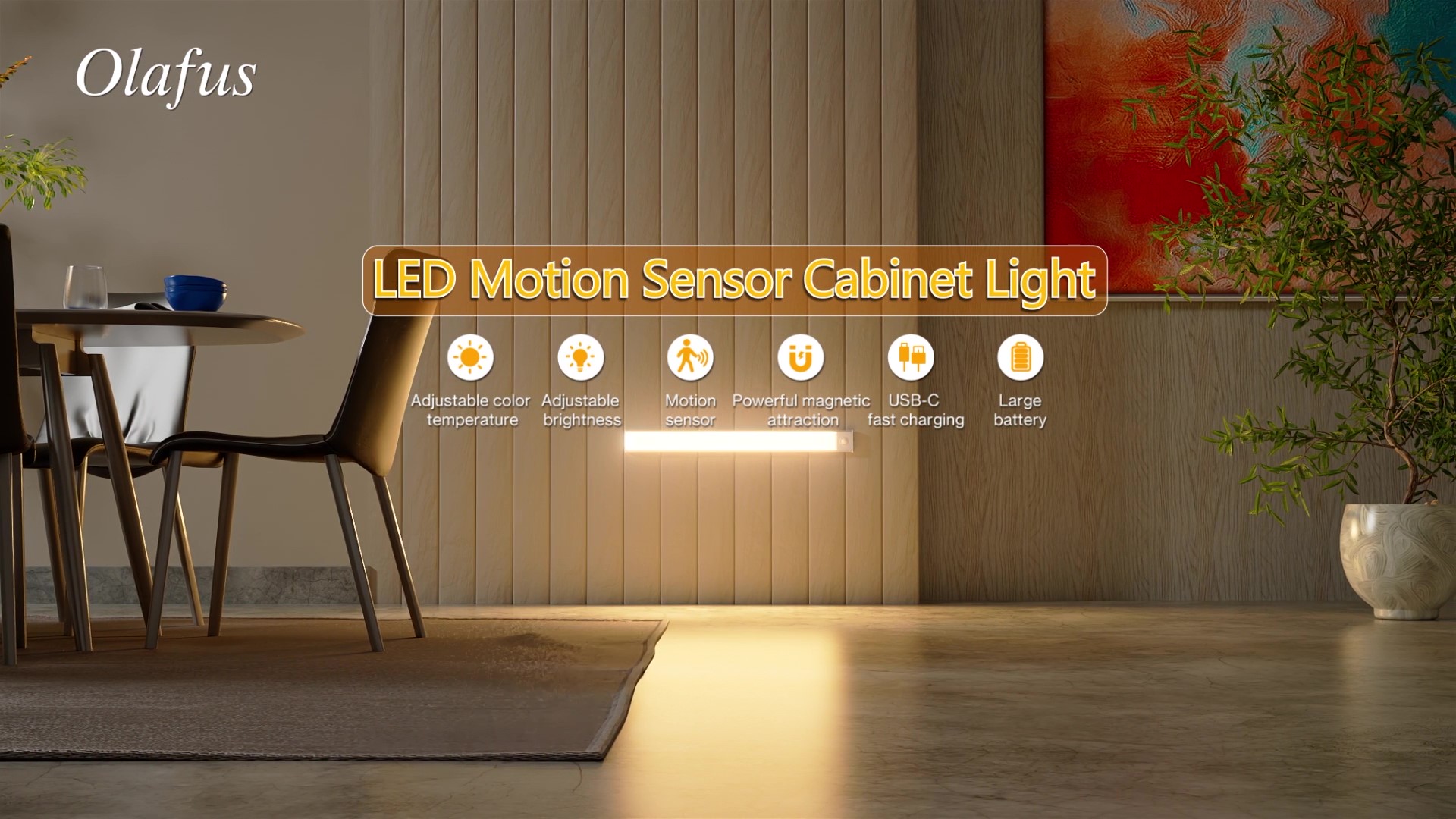 Image of Olafus Under Cabinet Lighting, Motion Sensor 54 LED Under Cabinet Lights, 1500mAh USB Rechargeable Battery Operated Closet Lights, Dimmable& 3 Color Temperature, Stick On Magnetic for Kitchen