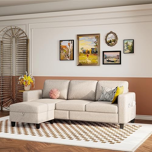 Miniatura 11 de Youmumeub Sofá seccional y sofás para sala de estar, sofá de lino beige en forma de L de 78 pulgadas, sofás modulares convertibles de 3 plazas,