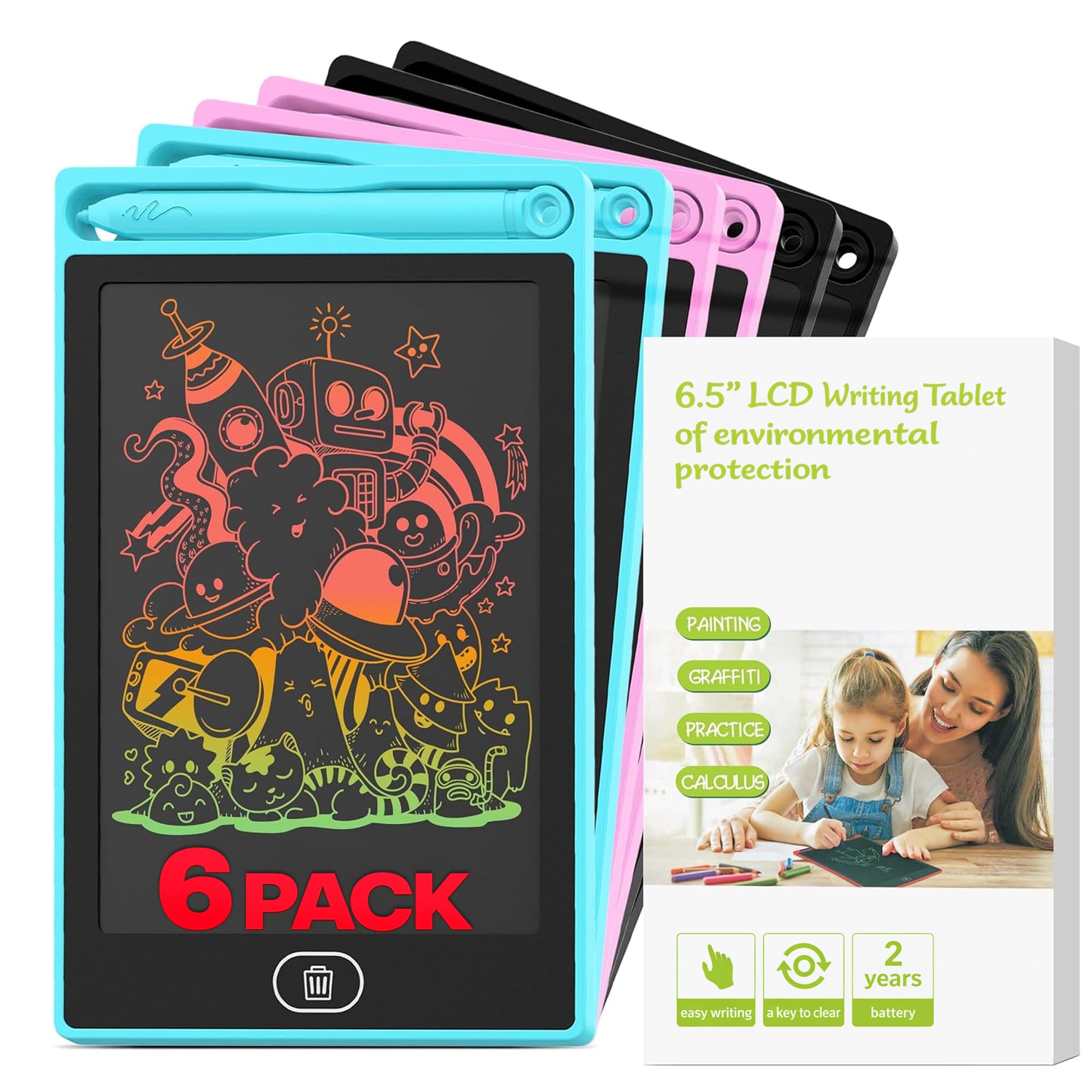 6-Pack LCD Writing Tablet for Kids - Writing Tablets, 6.5" Doodle Board, One-Click Erasure, Easy to Use Drawing Board - LCD Tablet Writing Board Gifts, Kids Drawing Pad Toys