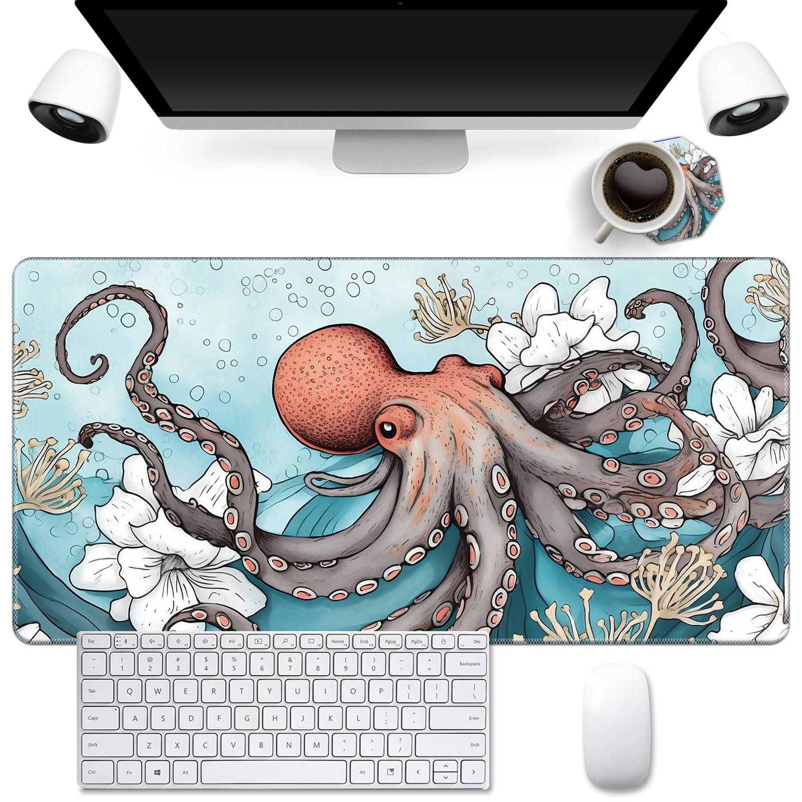 Cute Coasters + Octopus Marine Life Mouse Pad, 15.7"x31.4", Non-Slip Black Rubber Base, Washable, for Gaming & Office