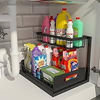 REALINN 2-Tier Pull Out Under Sink Organizer - L-Shaped Sliding Cabinet Shelf for Kitchen Bathroom Storage, Black
