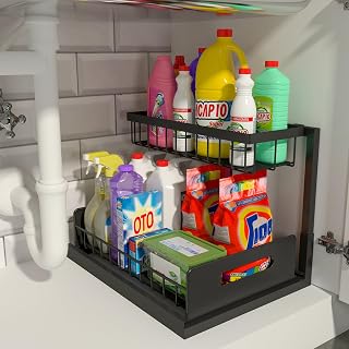 REALINN 2-Tier Pull Out Under Sink Organizer - L-Shaped Sliding Cabinet Shelf for Kitchen Bathroom Storage, Black