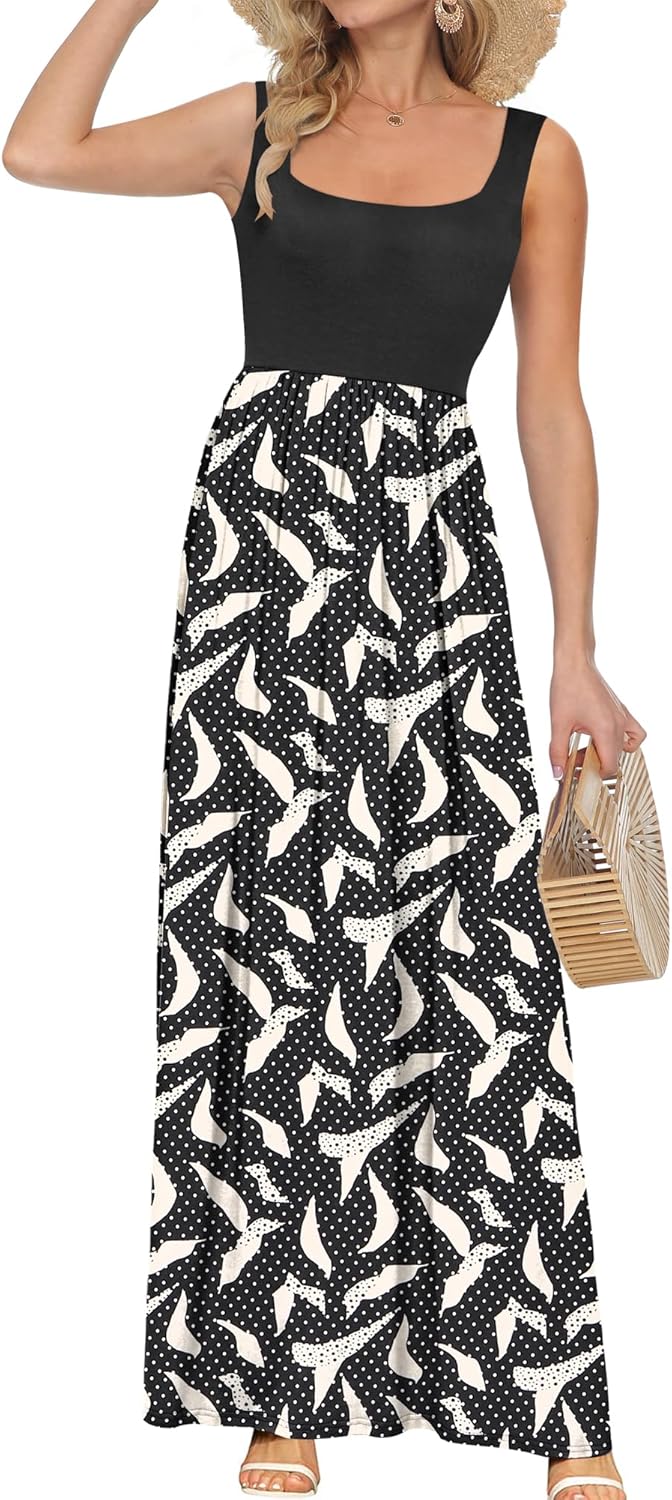 AUSELILY Women's Square Neck Maxi Dress Sleeveless Floral Loose Long Dresses with Pockets