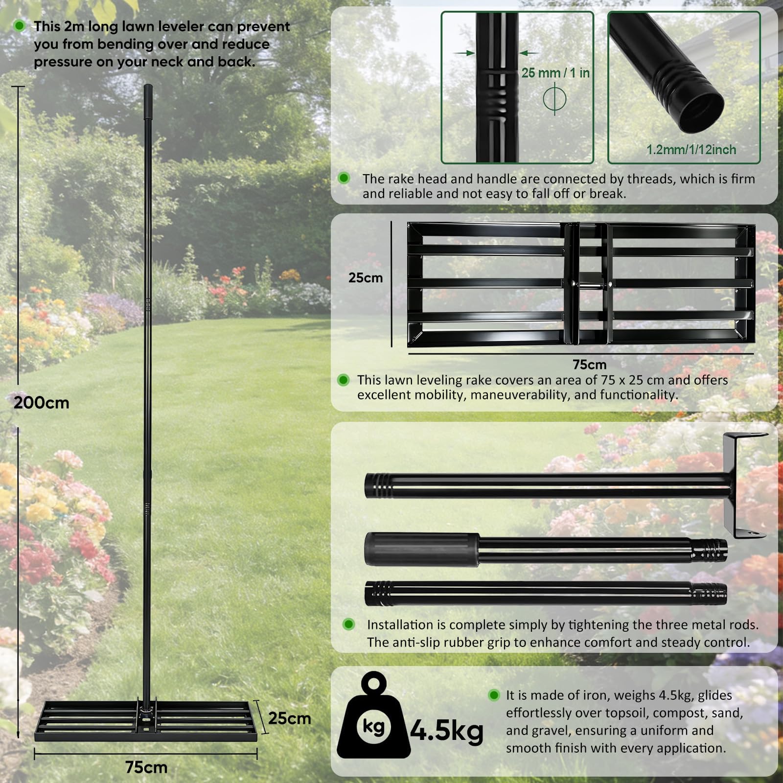 Lawn Levelling Rake uk with 200cm Long Handle, 75x25cm Leveling Base Ergonomic Effort Saving Garden Lawn Level Tool, Landscape Rake Soil Sand Dirt Ground Leveler Tool for Patio Yard Garden Golf Course — view 6