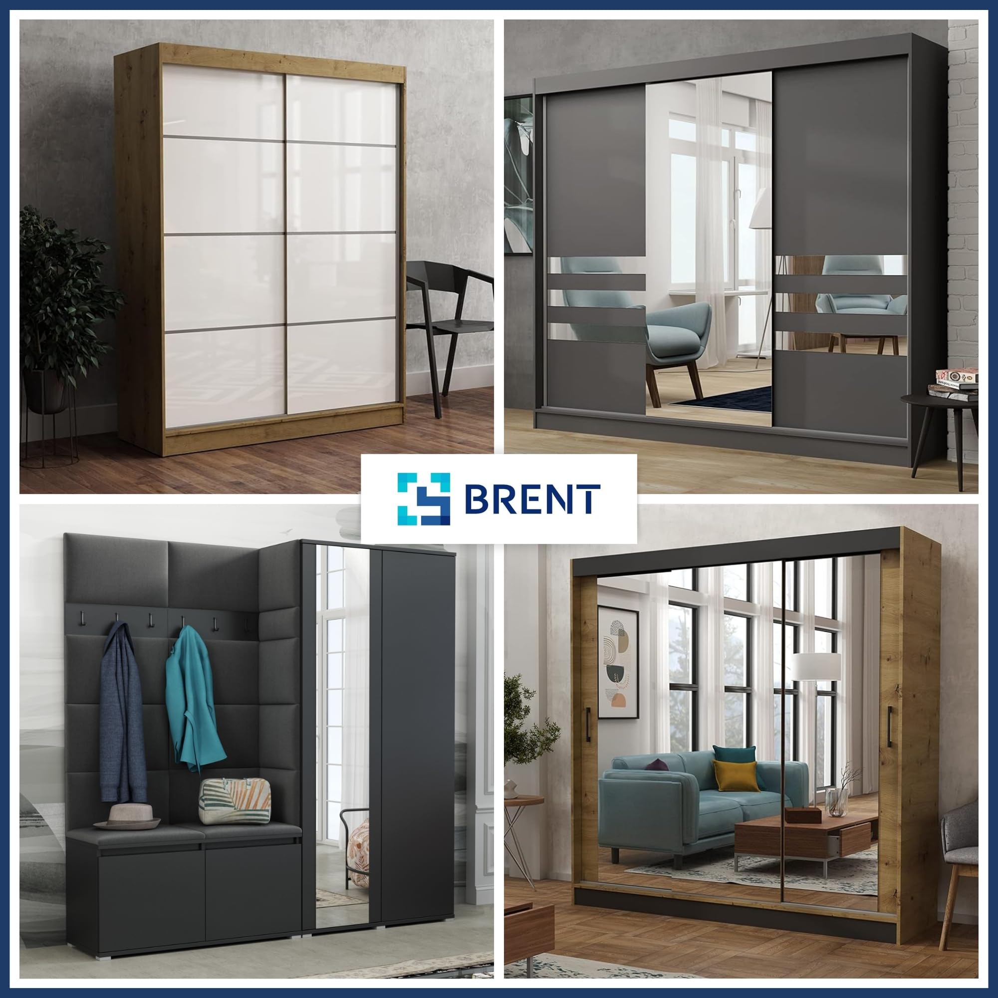 Brent - Kleiderschrank mit Spiegel Tom, 100cm Breit, Schlafzimmerschrank mit 1 Kleiderstange und Einlegeböden für Kleidung, Kleiderschrank Weiß