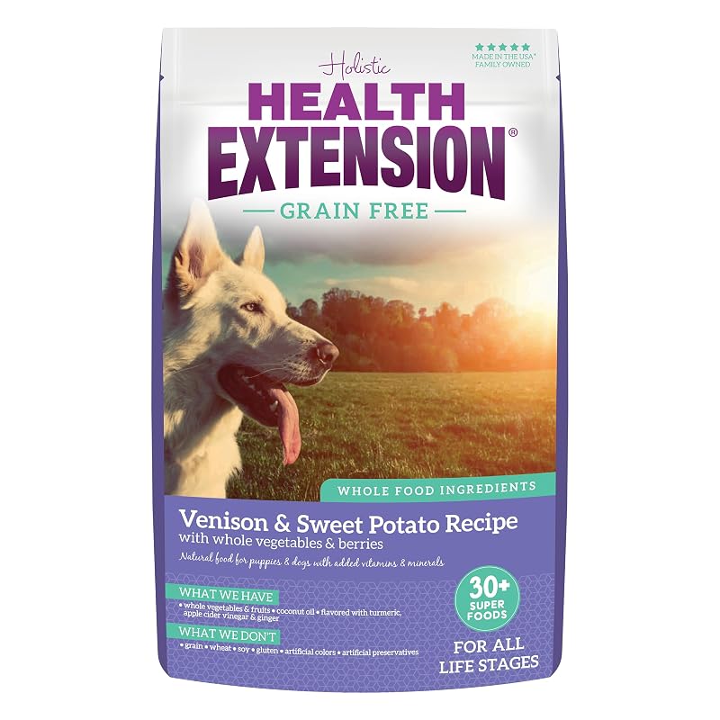 Ração seca para cães sem grãos com carne de veado e batata-doce Health Extension 4,54 kg
