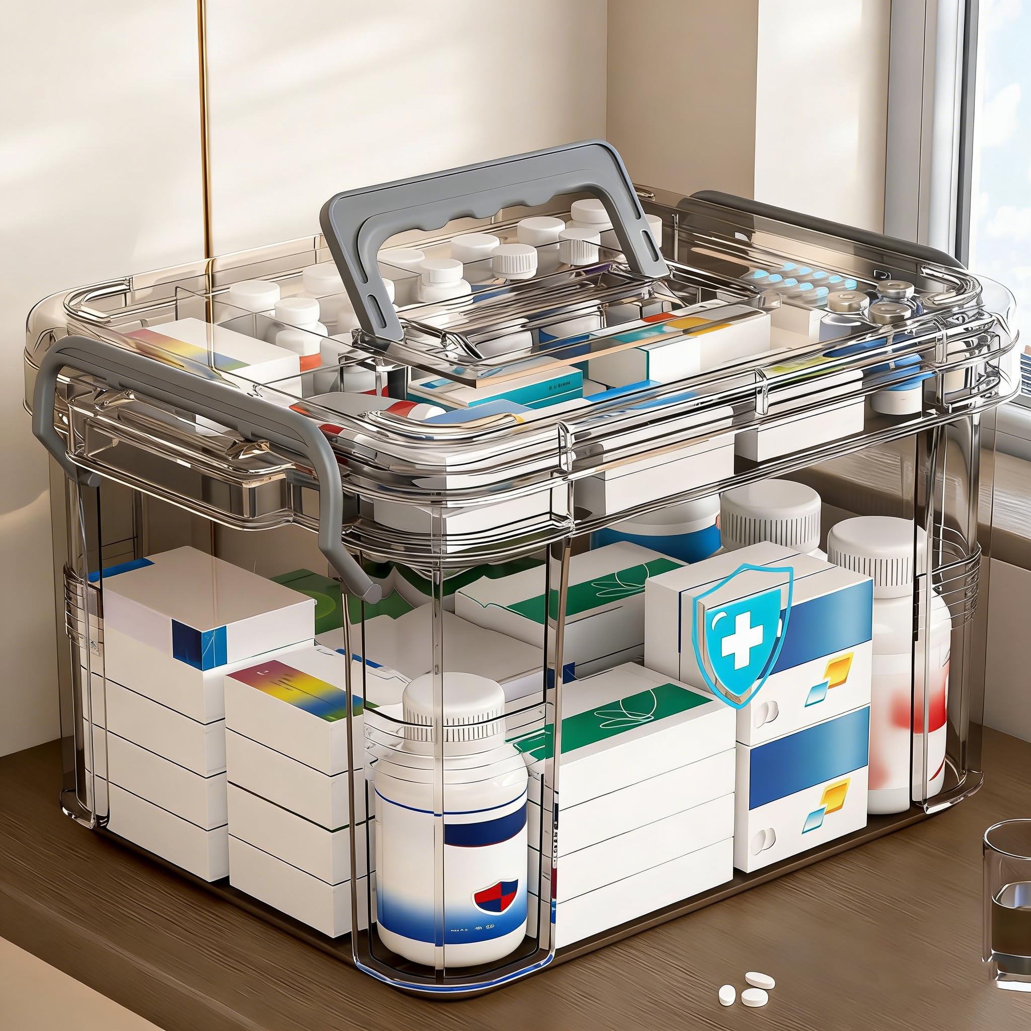 Medizin-Organizer mit Griff, mehrschichtige, transparente Aufbewahrungsbox, tragbares Pillenetui und Erste-Hilfe-Set für Zuhause, Reisen, Wohnmobil, Schule, Senioren