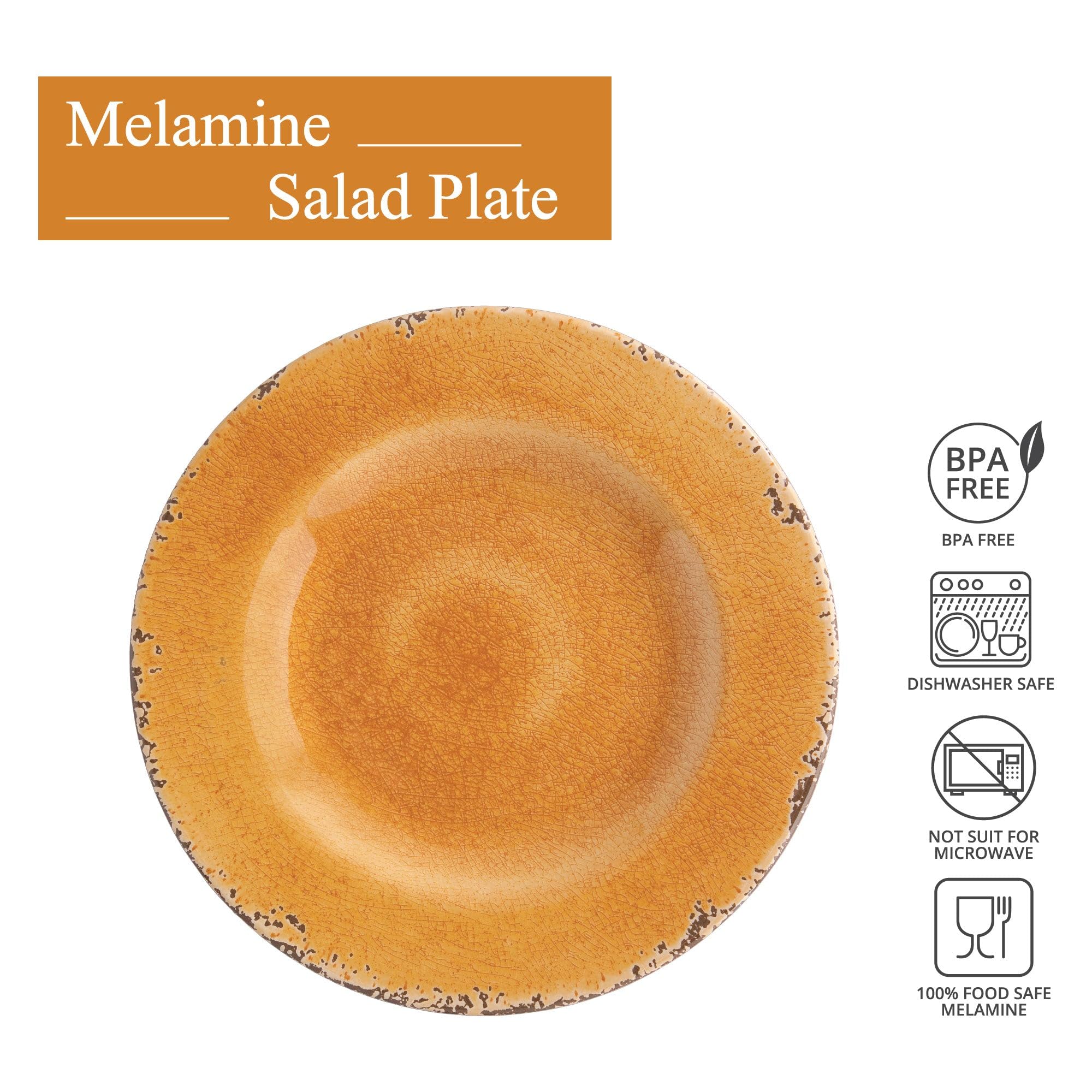 UP UPware Crackle Melamin Salatteller Set, Runde Teller für Risotto, Pasta und Salat, BPA-frei, spülmaschinenfest, Orange, 21,6 cm, 6 Stück