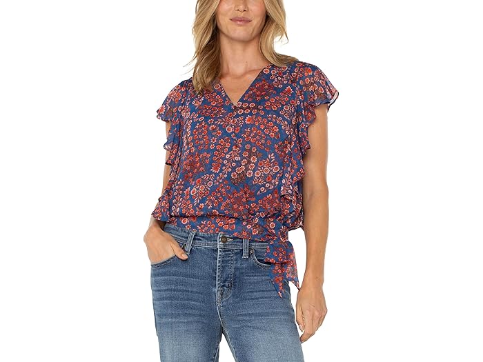 Petite Short Sleeve Ruffle Sleeve Draped Front Woven Blouse - Image 3