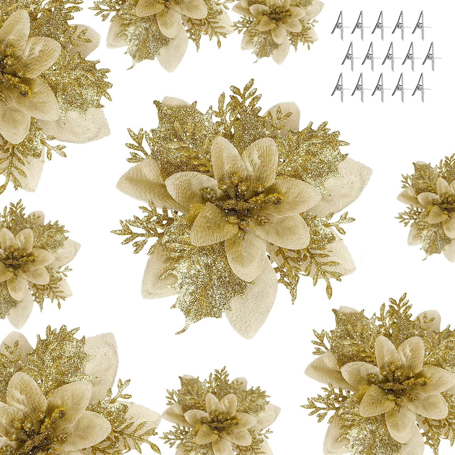 15 Pcs Christmas Poinsettia Flowers, 6.3 inch Artificial