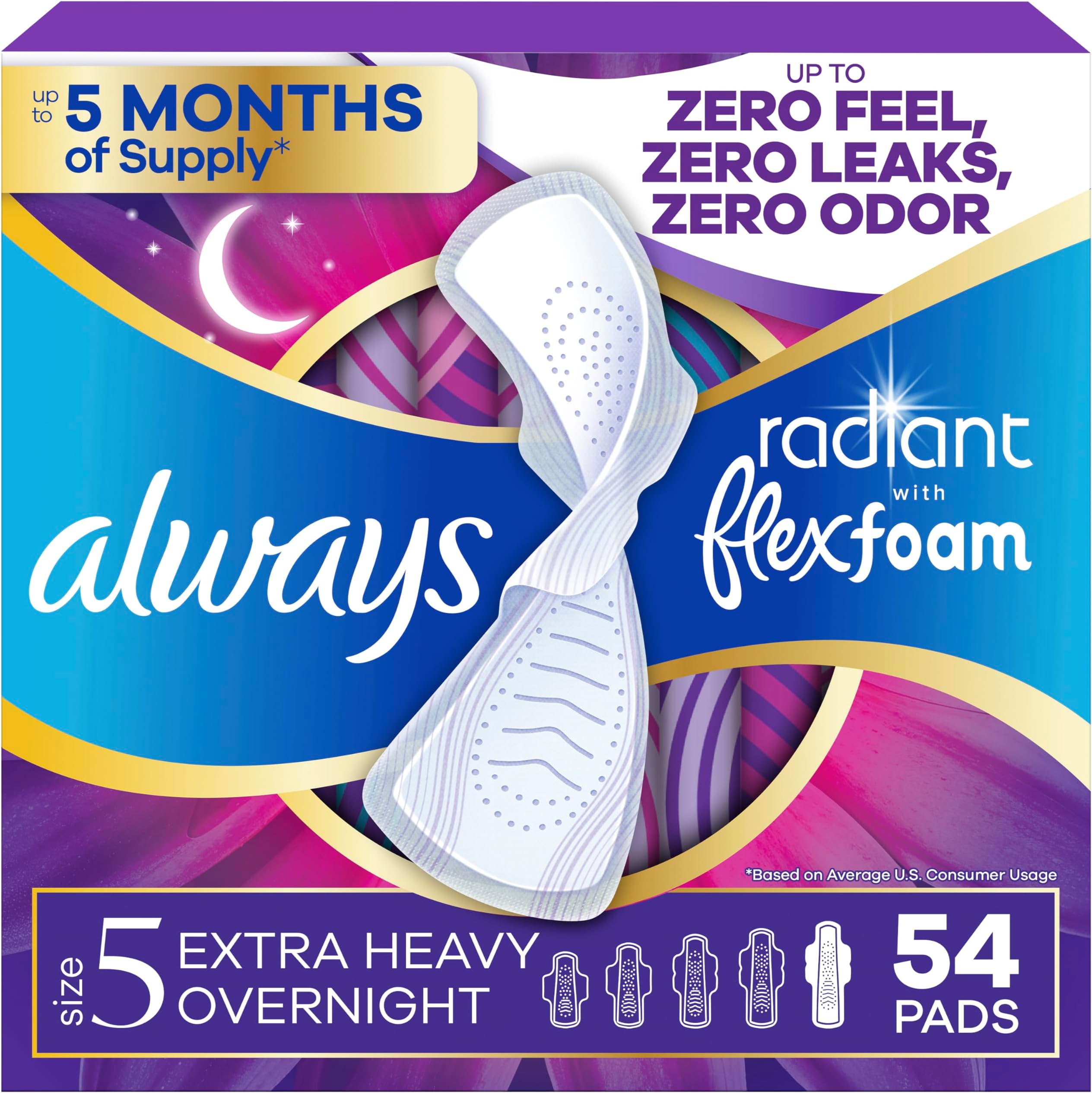 Always Radiant Feminine Pads for Women, Flexfoam Pads with Wings, Size 5, Extra Heavy Overnight Absorbency, Lightly Scented, 54 Count (3 Packs of 18)