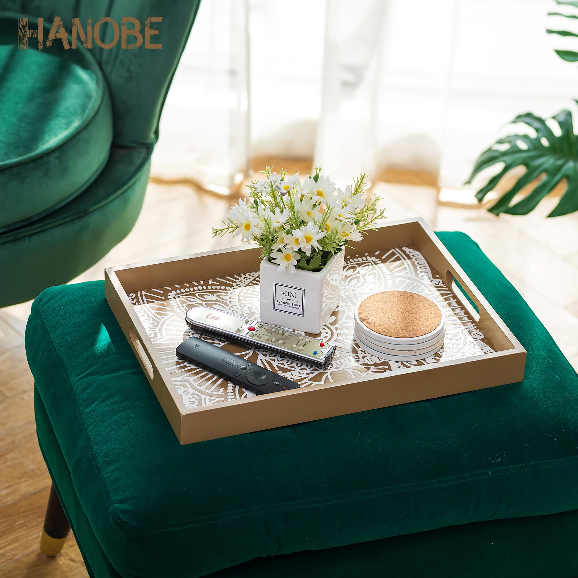 Hanobe Serving Tray Decorative Wooden: Coffee Table Tray with Handles Boho Decor for Centerpiece - Image 3