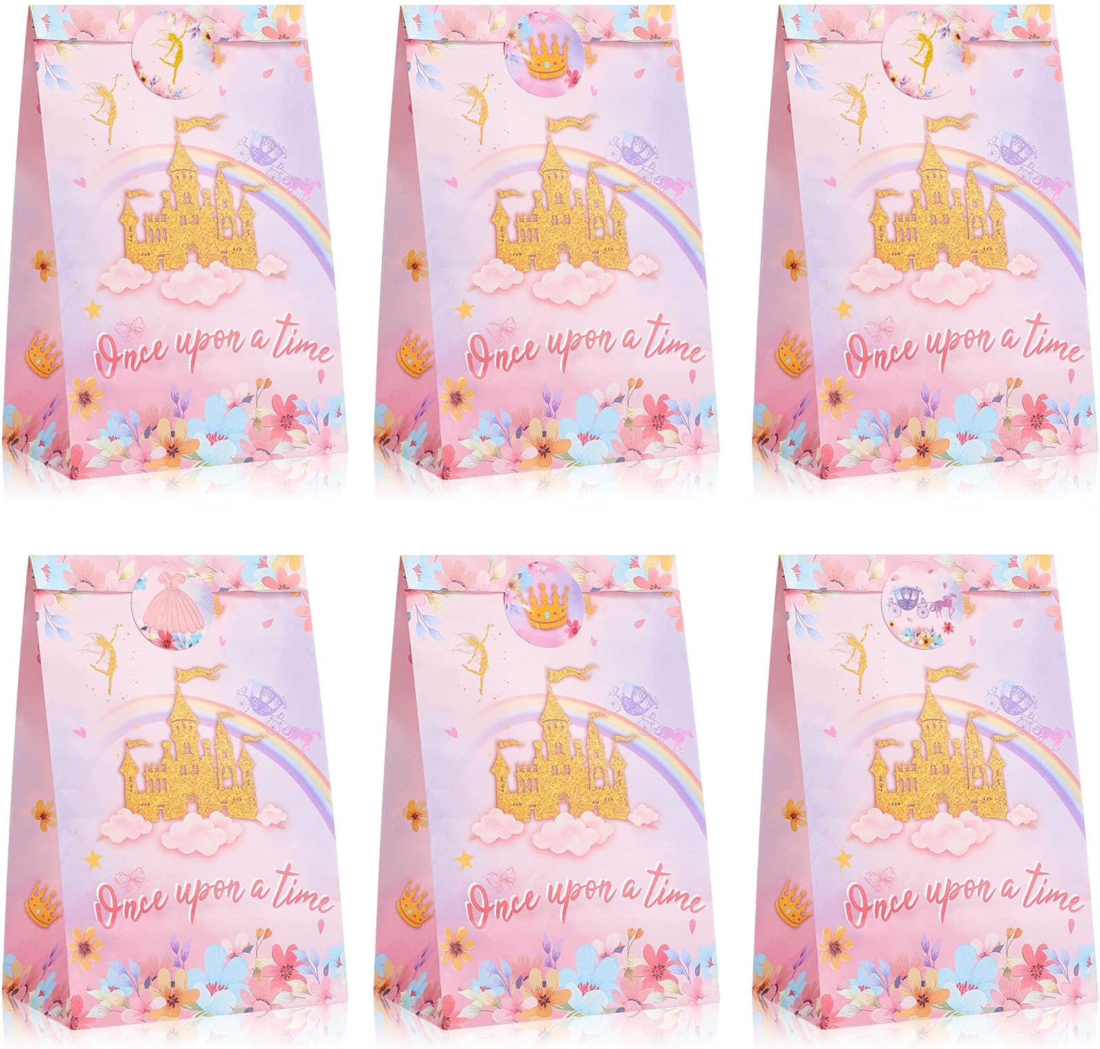 Outus 16 Pcs Princess Party Favor Bags Crown Castle Candy Bags with 4 Style Stickers Once Upon a Time Princess Party Supplies Pink Castle Goodie Gift Decorations for Birthday Baby Shower