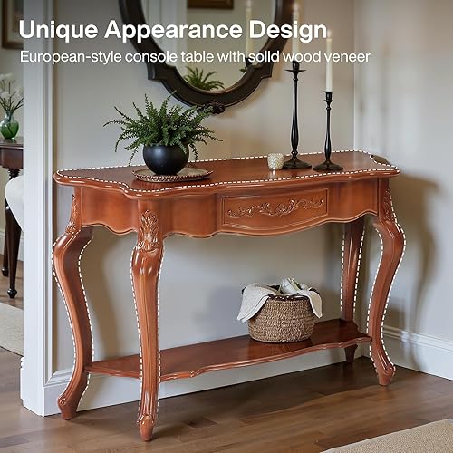 Miniatura 7 de Tribesigns Mesa consola vintage con chapa de madera maciza, mesa de entrada moderna de mediados de siglo de 47.2 pulgadas con 2 estantes, muebles