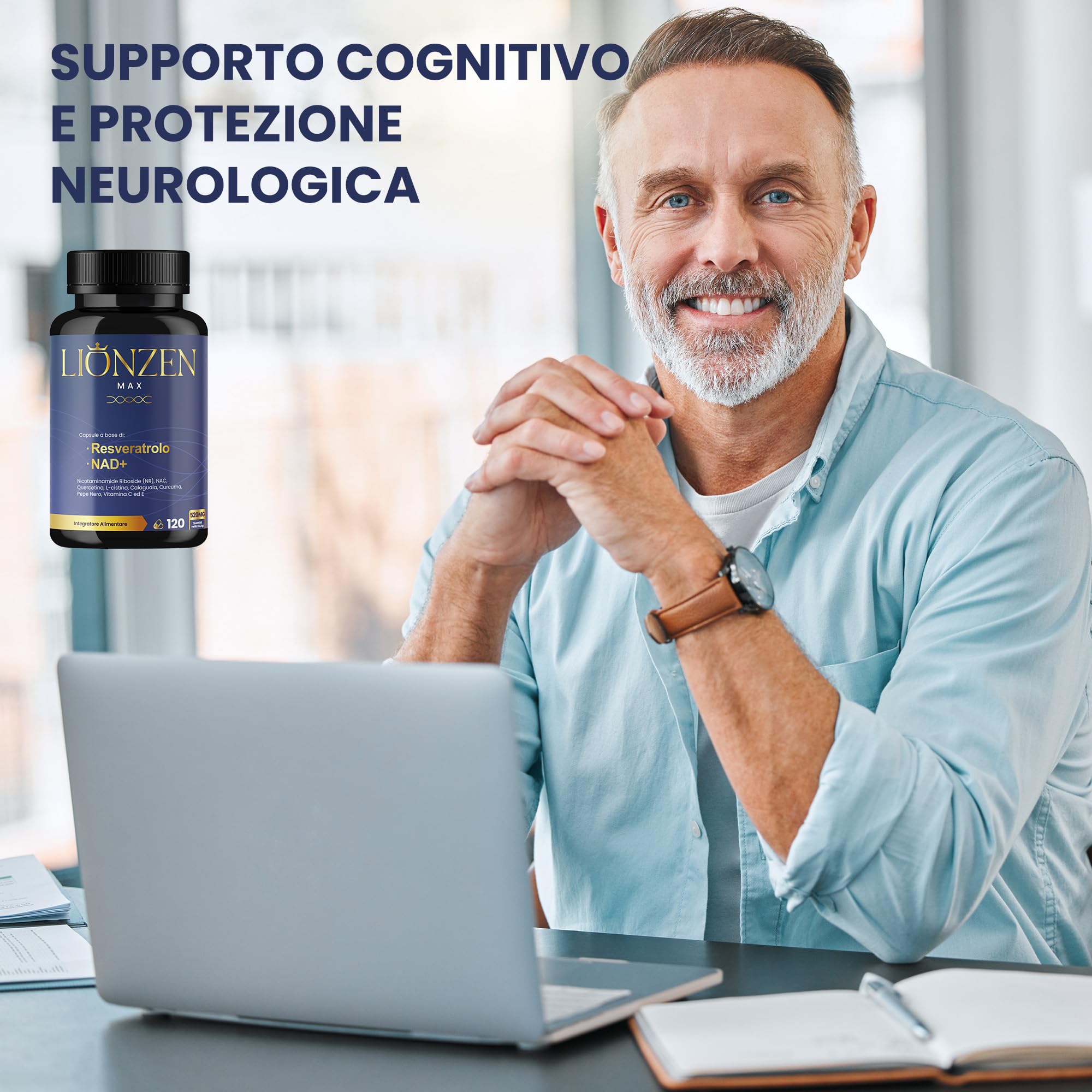 NAD+ Trans-Resveratrolo puro con 10 ingredienti anti-età | 1000 mg | Energia cellulare, longevità, vitalità | Nicotinamide Riboside, Quercetina, NAC, Curcuma, Pepe Nero | Lionzen Max