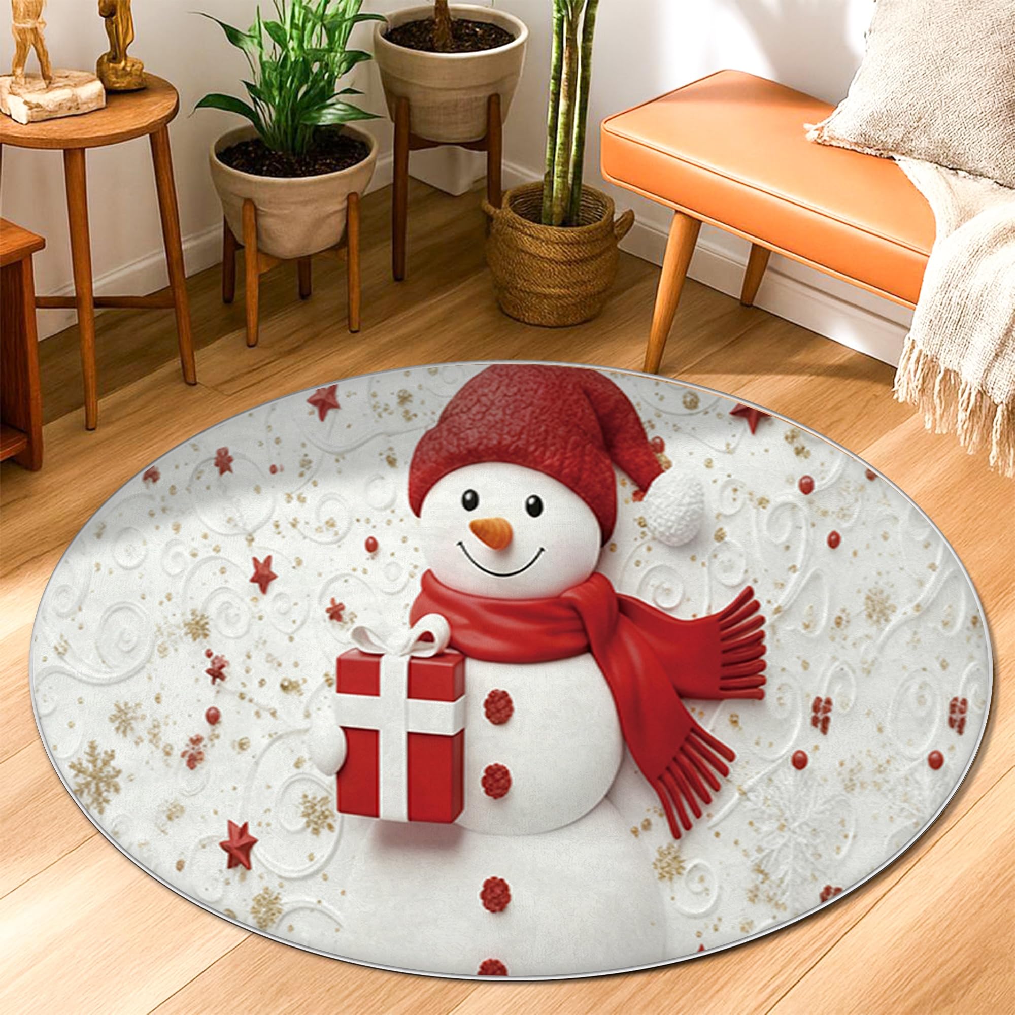 Tapis bonhomme de neige rouge 90x90 cm pour déco de Noël