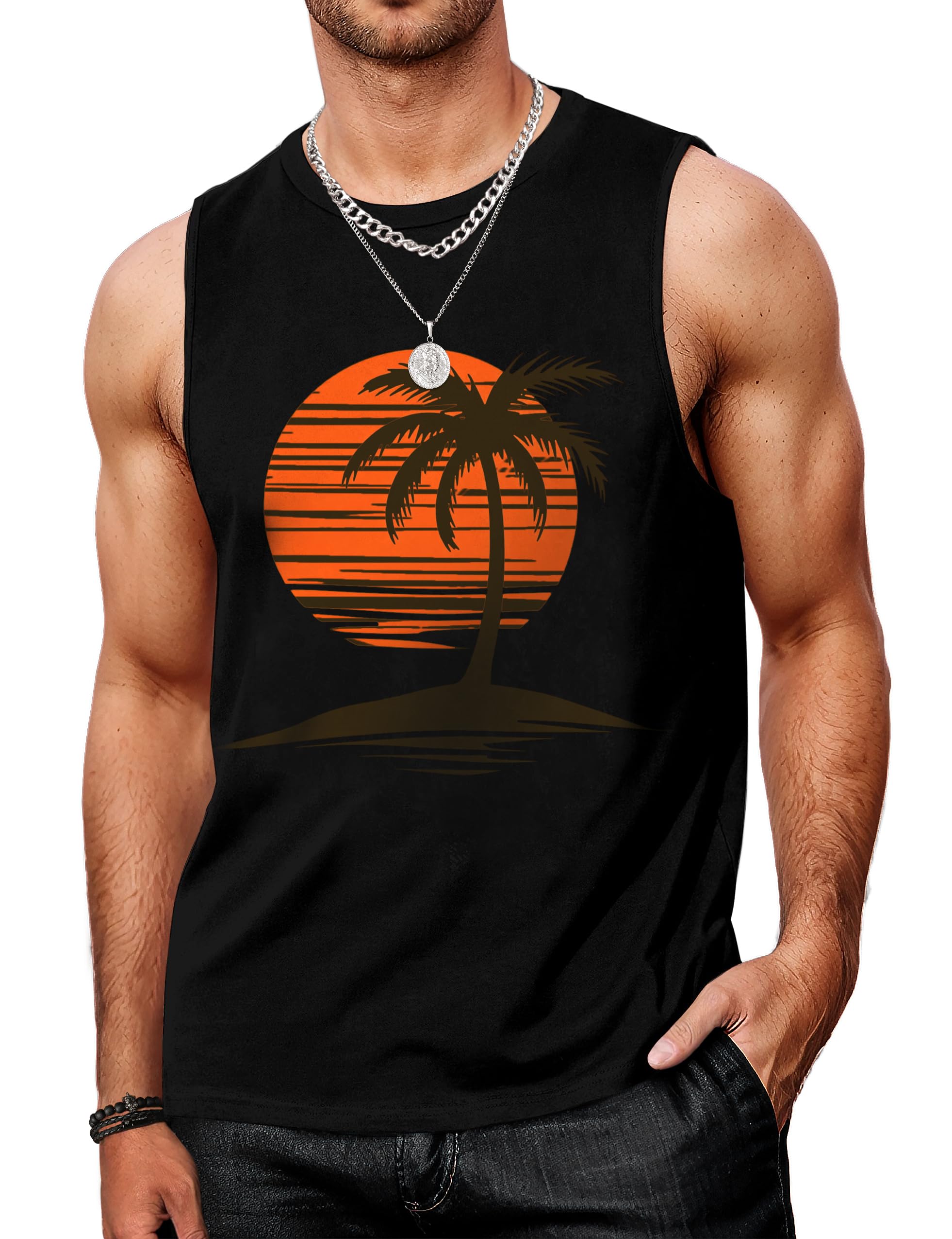 Indoner Mens Graphic Tank Tops Workout Sleeveless Shirts Hawaiian Palm Tree Vacation Tanks for Men Summer Beach T-Shirt