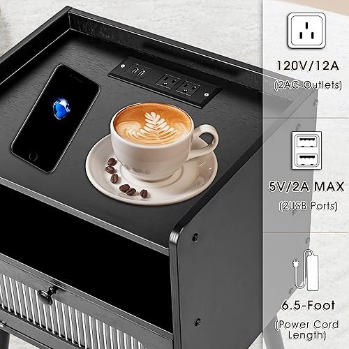 Miniatura 4 de Mesita de noche moderna de mediados de siglo con estación de carga, mesitas de noche con puerta decorativa de cristal, mesa auxiliar con espacio de