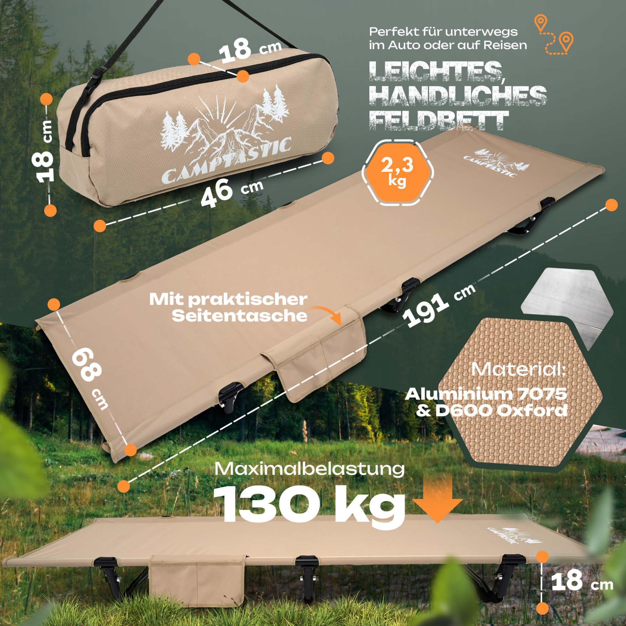 Lettino da campeggio, 191 x 68 x 18 cm, ultraleggero, compatto, 2,3 kg, pieghevole, robusto, portatile, per escursioni, attività all'aperto, campeggio