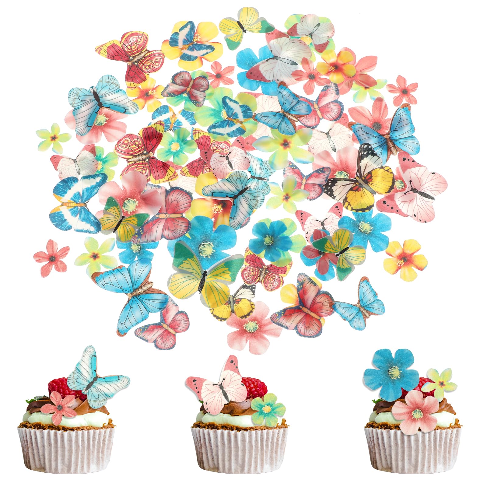 75Pcs Ediblee Cake Decorations Flowers and Butterflies Cake Decorations Cake Cupcake Toppers Butterfly Cake Decorations for Baking Girl Birthday Party