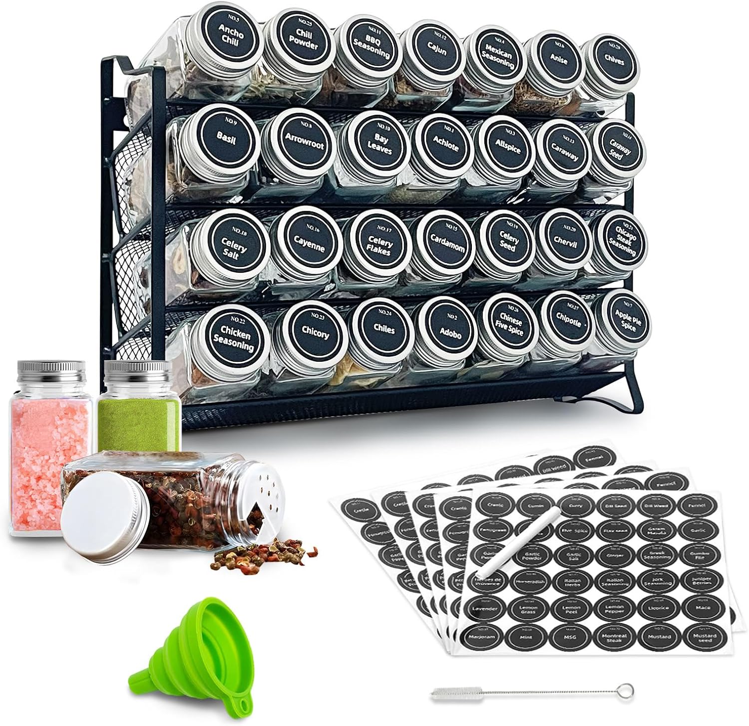 Spice Rack Organizer for Cabinet,4-Tier Spice Rack with 28 Glass Spice Jars,Labels,Chalk Marker and Funnel for Cabinet,Countertop, Pantry,Cupboard,Door or Wall Mount in Kitchen