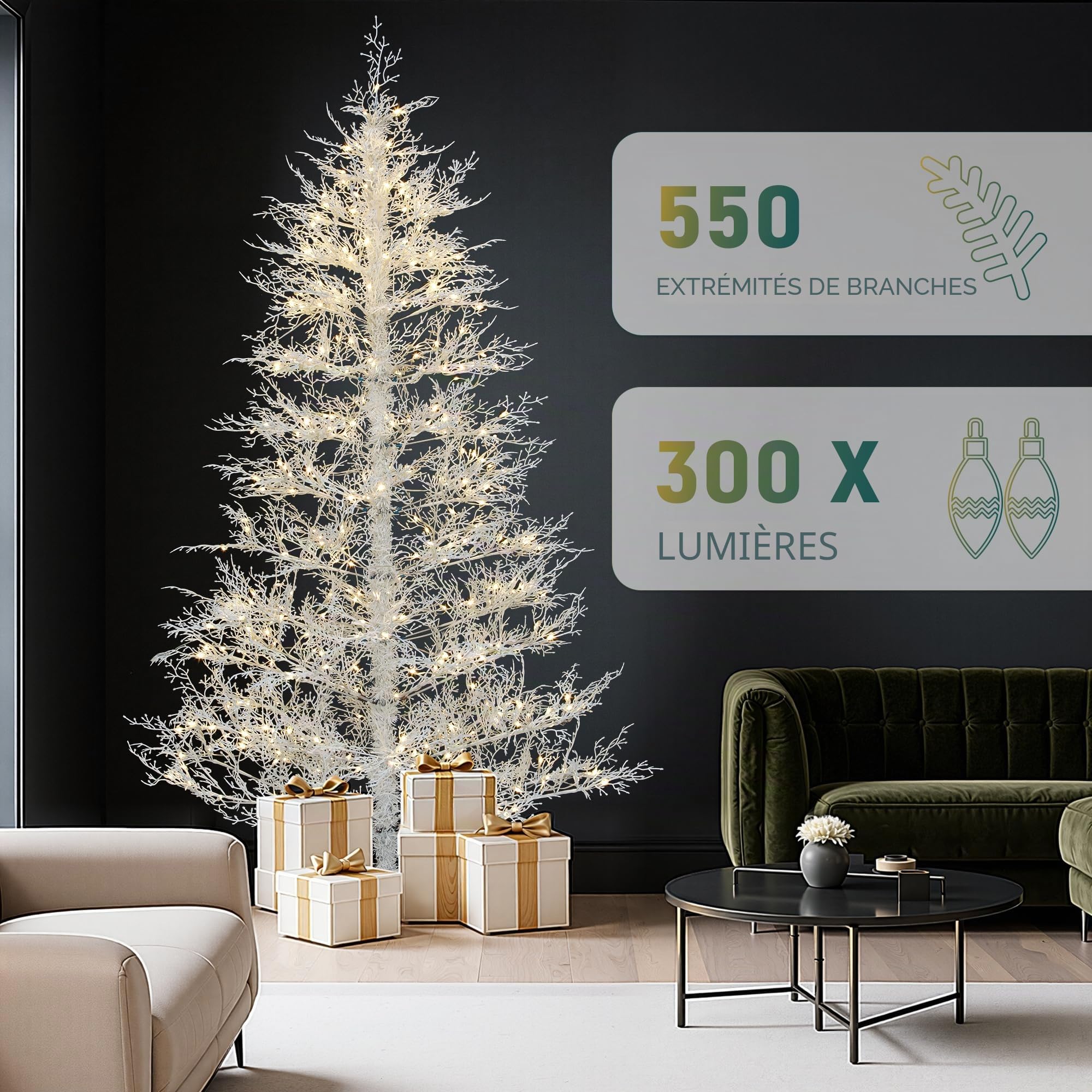 YITAHOME Sapin de Noël Artificiel Blanc de 1,8 m avec télécommande, Technologie de charnière, 300 lumières interchangeables Blanc Chaud et Multicolore, 550 Pointes en polyéthylène pour Noël