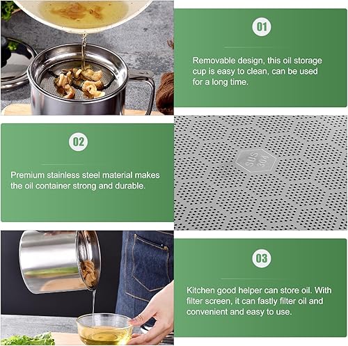 Miniatura 6 de Recipiente de aceite de acero inoxidable de 1.4L con colador de grasa de tocino con bandeja antideslizante para aceite de cocina y freír