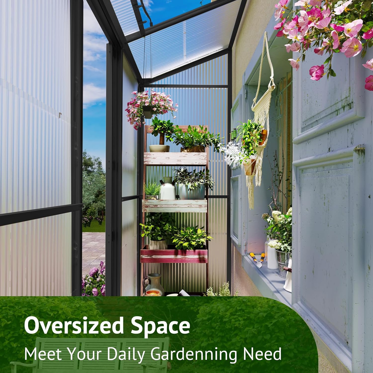 6x2ft Lean-to Polycarbonate Greenhouse, Small Walk-in Green House, with Adjustable Roof Vent, Rain Gutter and Sliding Door, Outdoor Greenhouse for Garden, Backyard Black