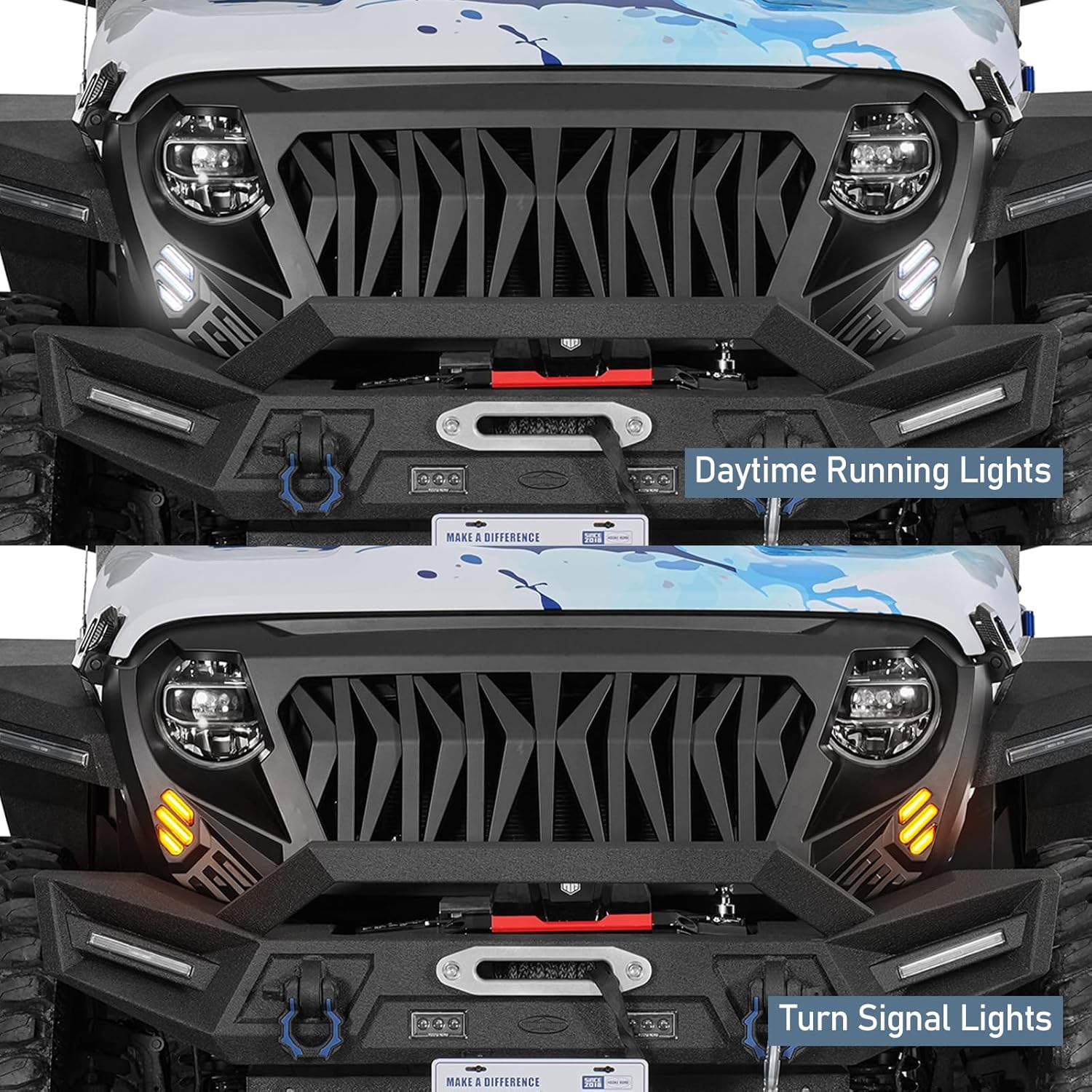 Hooke Road JL/JT Front Grille Shark Grill w/LED Turn Signal Lights and DRL for Jeep Wrangler JL 2018-2026 2/4 Doors & Gladiator JT 2020-2026 Matte Black Grid