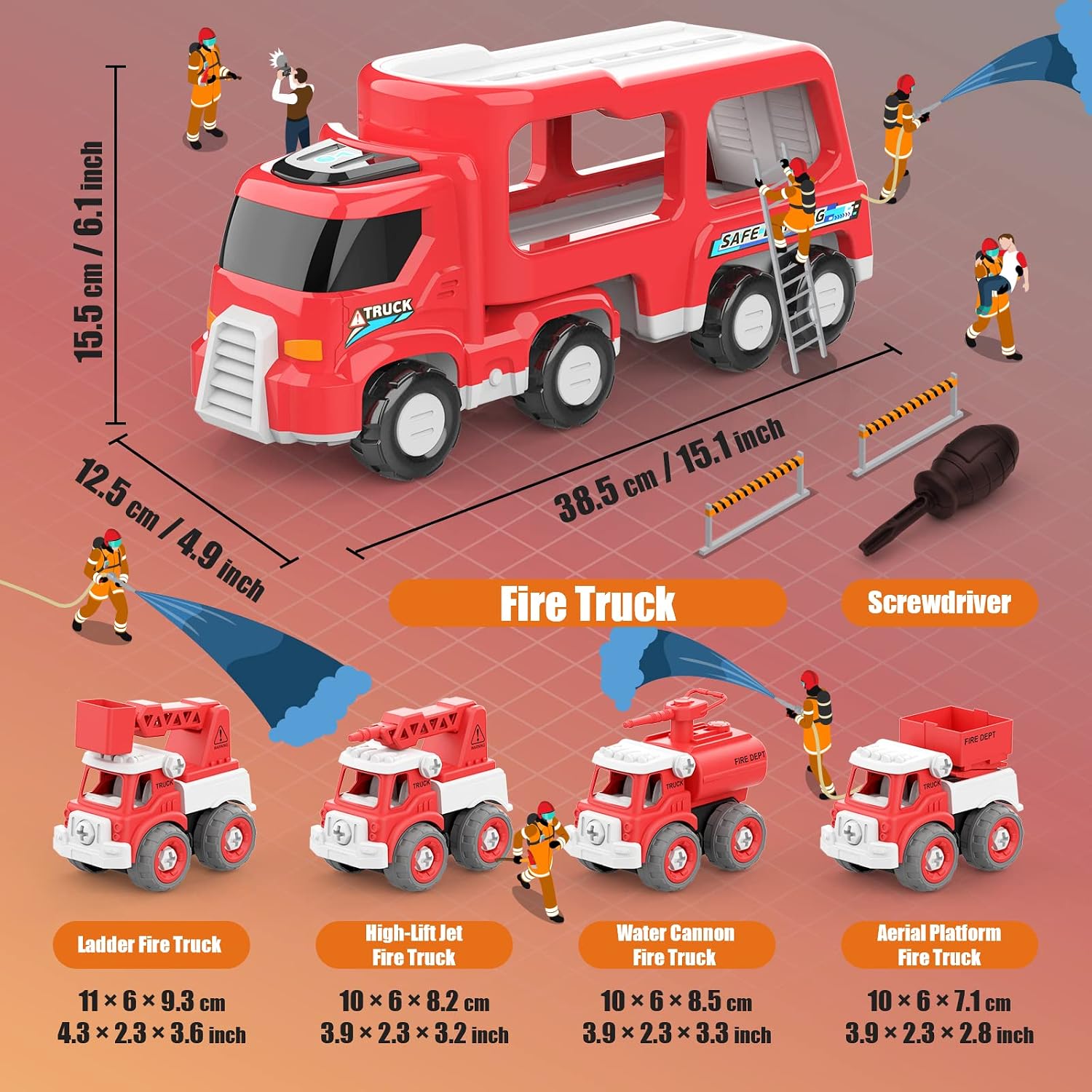 LASCOTON Fire Truck Toy Cars for 3 4 5 6 Year Old Boys Toddlers, DIY 5 in 1 Friction Power Car Carrier Trailer, Christmas Birthday Gifts for Kids, Construction Toys with Sound & Light