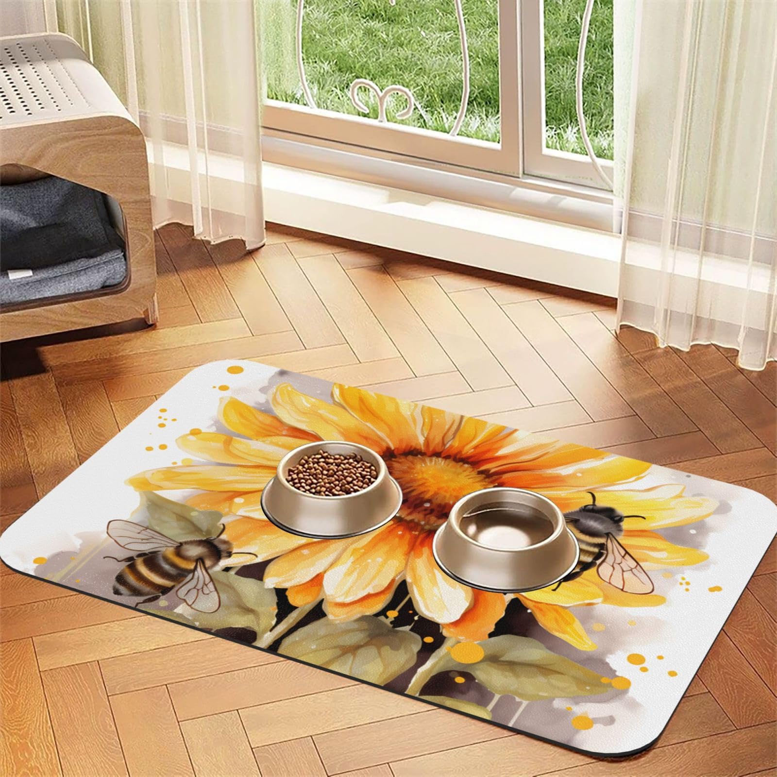 Tapis gamelle absorbant haut de gamme design abeilles et tournesols