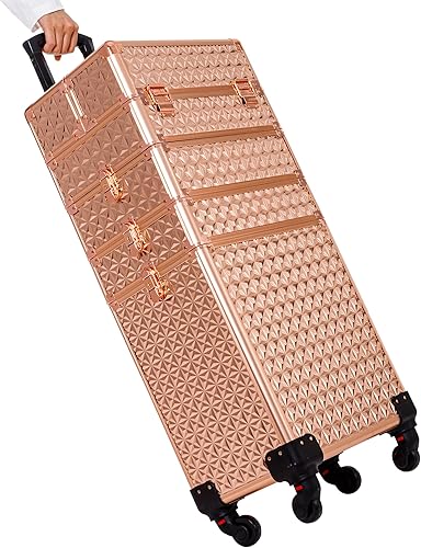Miniatura 8 de Estuche de maquillaje profesional 5 en 1, estuche de aluminio para cosméticos, estuche de maquillaje con ruedas giratorias de 360 , Oro, Estuche de
