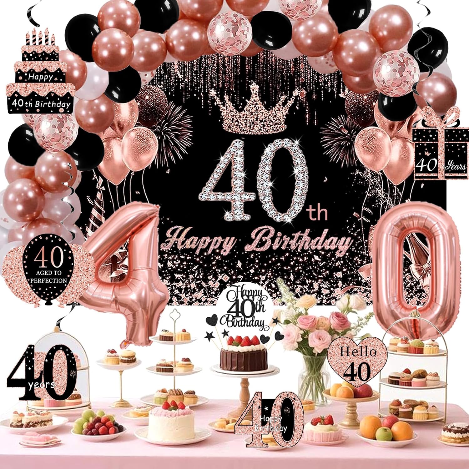 Rose Gold 40th Birthday Decorations for Women - Backdrop, Sparkle Crown Sash, Happy 40th Birthday Banner, Cake Topper, 40 Number Balloons, Hanging Swirl Decorations - 70pcs