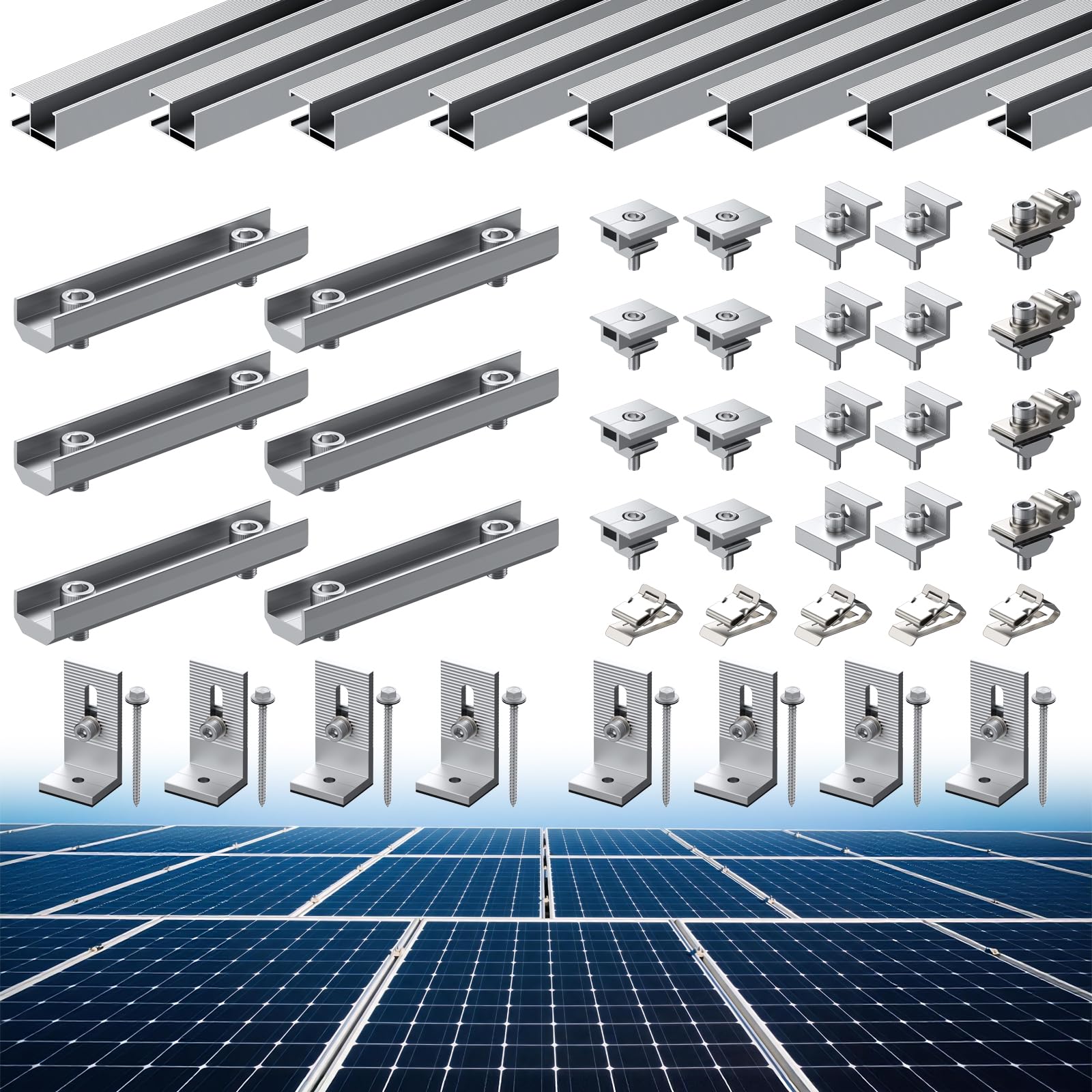 Anbte Kit de soporte para central de balcón para 4-5 módulos solares, incluye 8 rieles solares de 1,2 metros, 6 rieles cortos de 120 mm, 8 abrazaderas centrales de 30/35 mm y abrazaderas finales, para