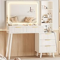 INNODToddlerTower Vanity Desk with 32" Lights Mirror, Power Outlet, 5 Drawers & Shelves - Makeup Dressing Table Bedroom Set