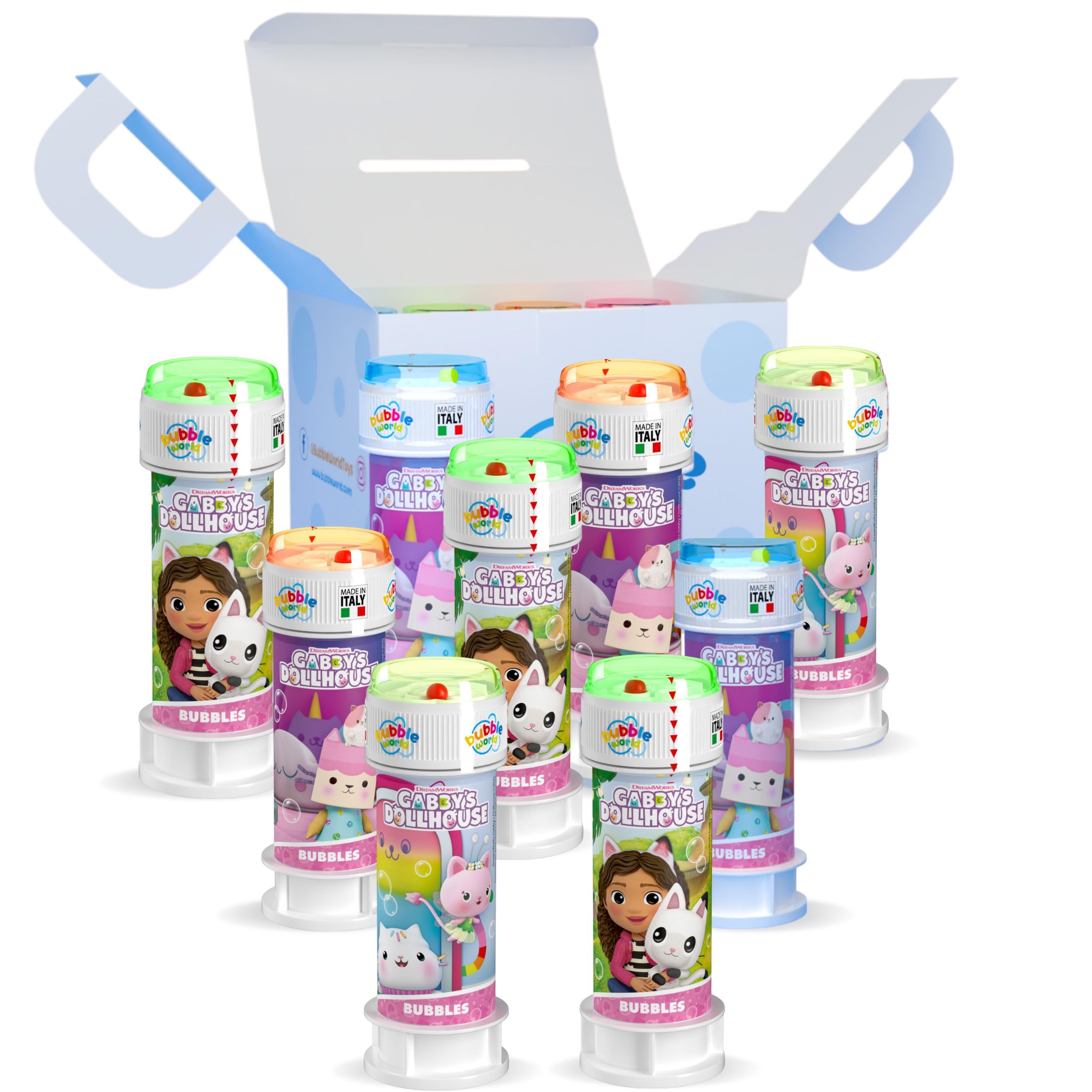 Bubble World - Gabby's Dollhouse Soap Bubbles - Children's Birthday Gadget (12 pcs x 60 ml) - White Tubes/Red Blower - Made in Italy