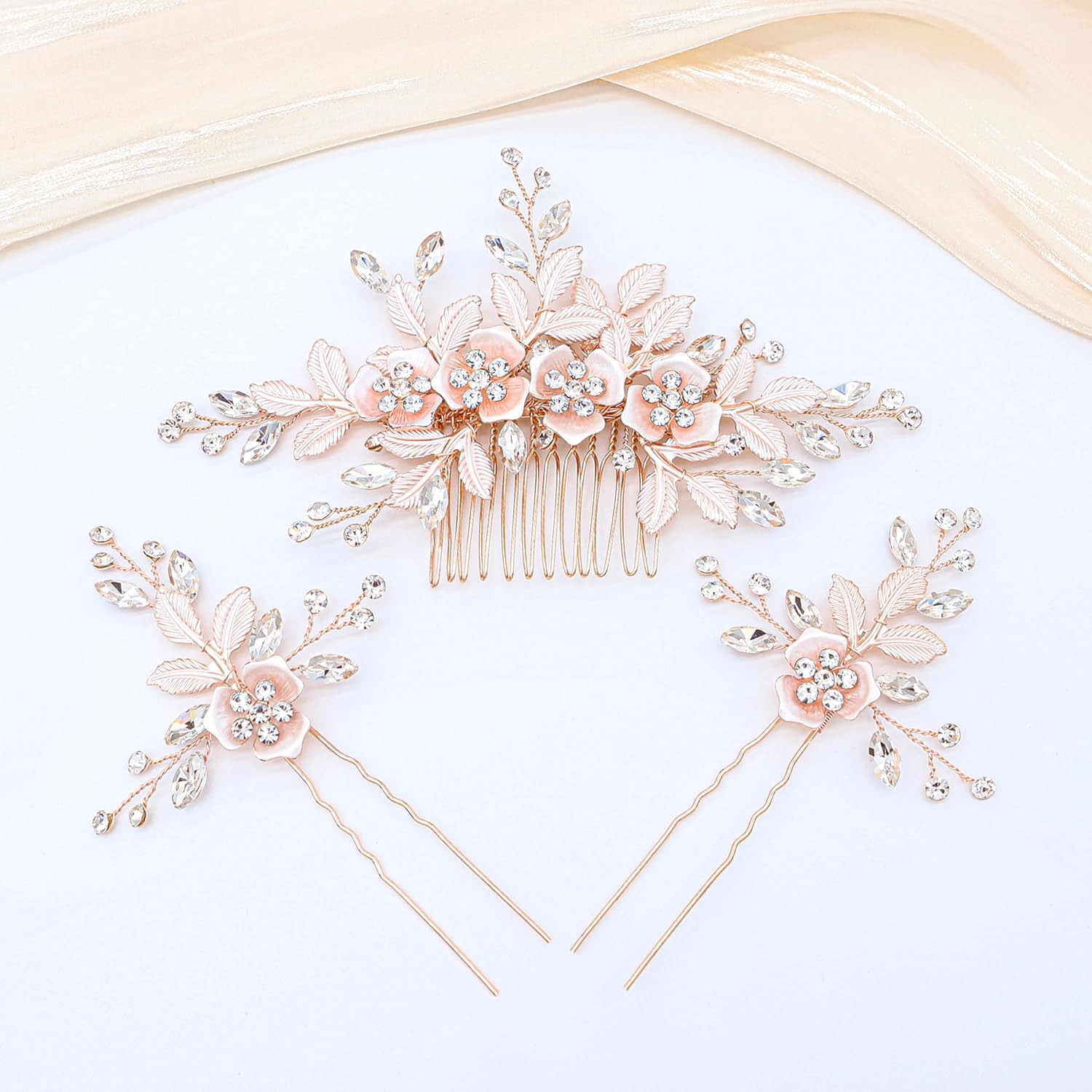 Oriamour Wedding Side Combs Handmade Bridal Hair Pins Set Rhinestone Bridal Comb Flower Clip Head Pieces for Women Set of 3 Rose Gold - Image 2