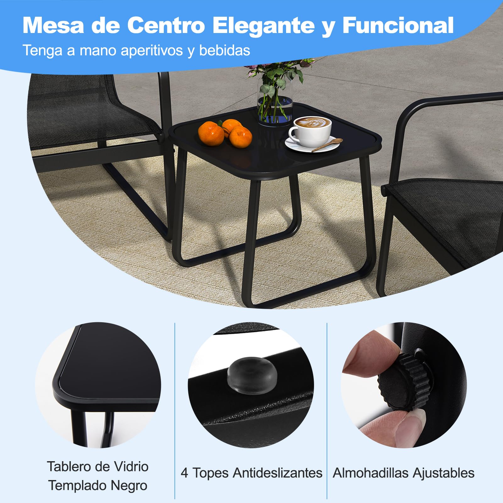 COSTWAY Conjunto Mesa y Sillas Jardin 3 Piezas, Conjunto Jardin Exterior Mesa y Sillas, 2 Siilas de Tela Transpirable y 1 Mesa Encimera de Vidrio Templado,Terraza Balcón (Negro)