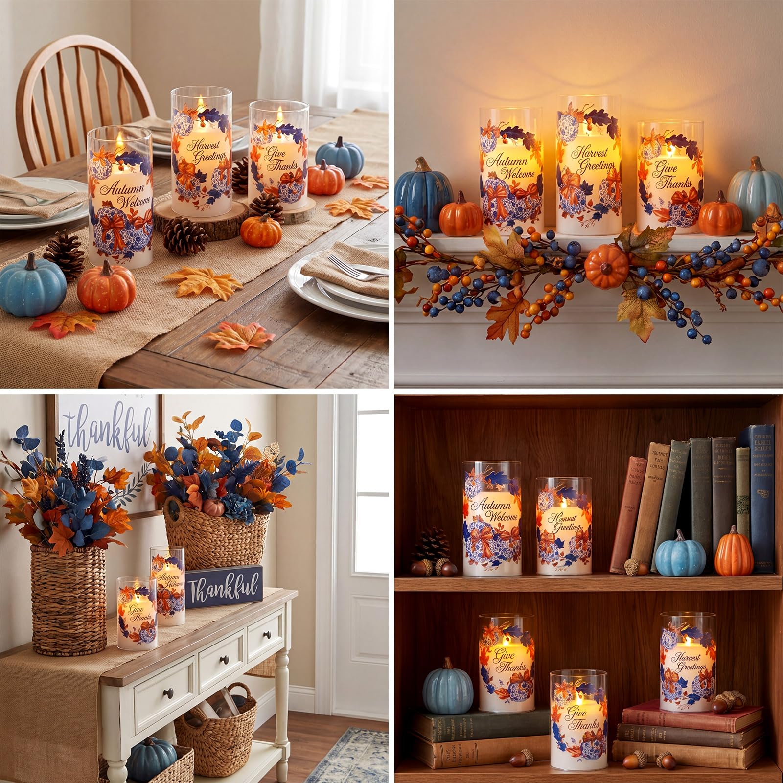 Gerrii Confezione da 3 candele a LED senza fiamma, a forma di foglia d'acero, decorazione a batteria, per casa, tavola, centrotavola, decorazione per feste e raccolti (blu stile carino)