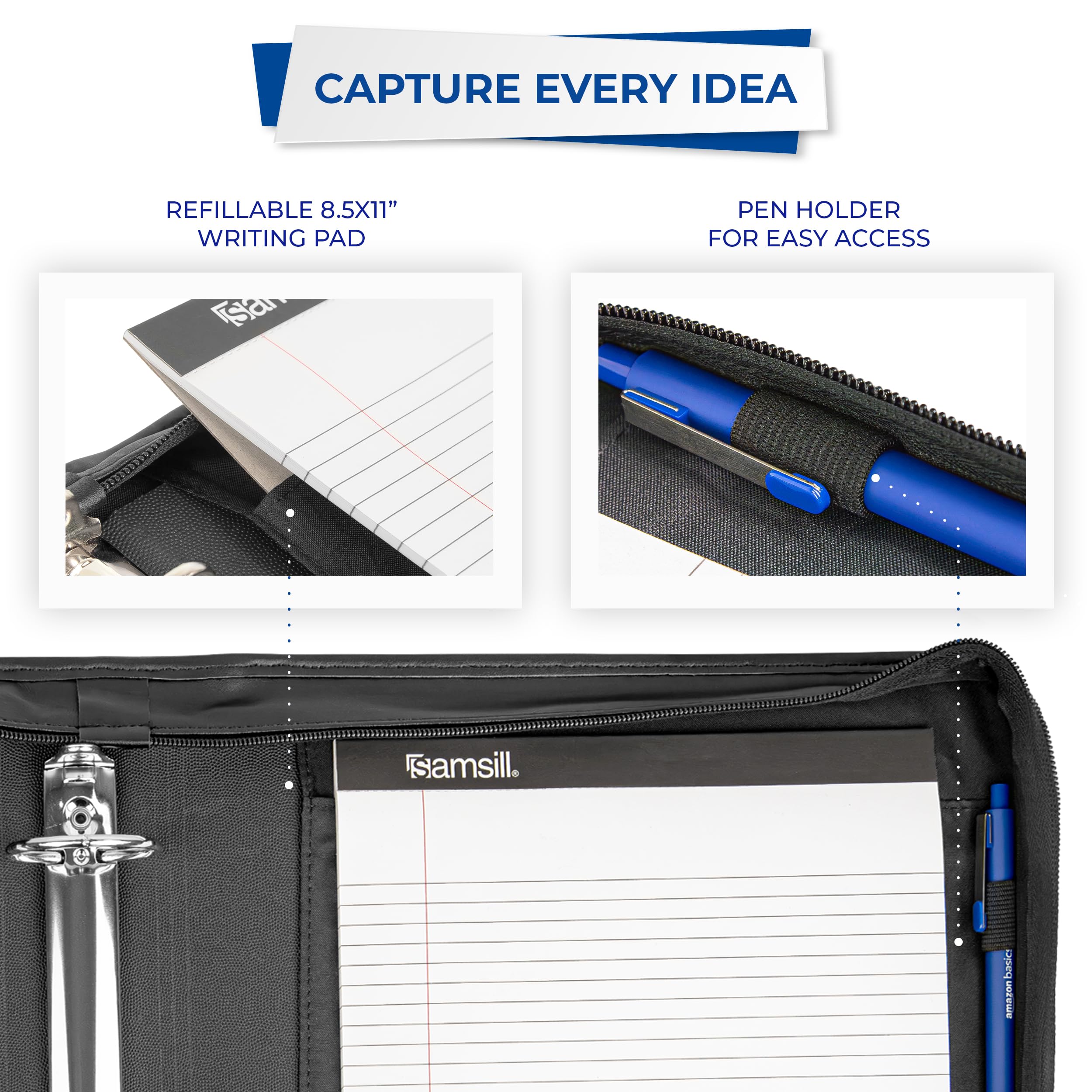Samsill profesional funda de cartera con cierre de cremallera, tamaño de letra 2 asas, anillas extraíbles, retráctil, bloc de notas, interior Funda para Tablet 10.1 Pulgadas, Negro