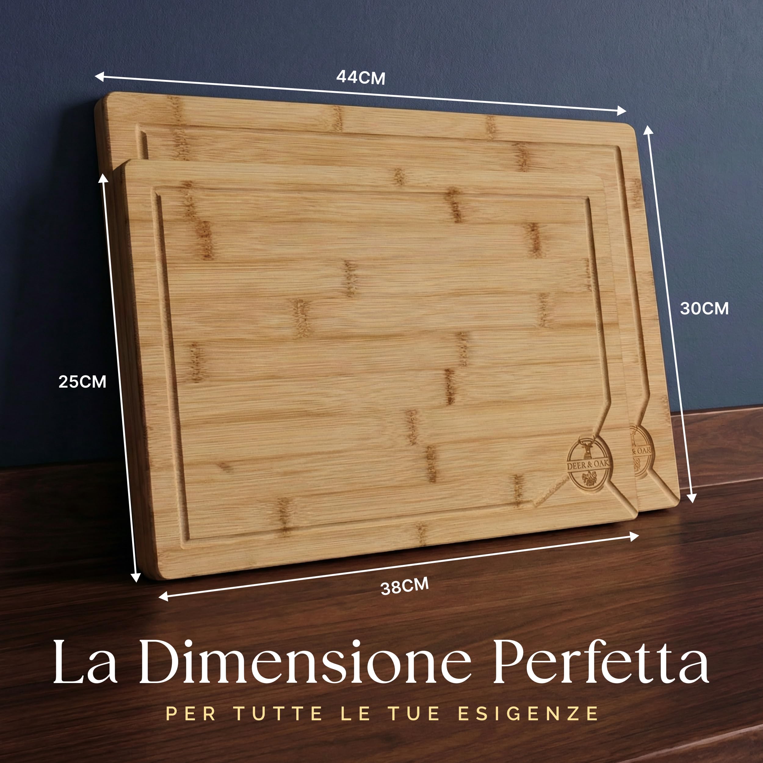 Deer & Oak Set di Tagliere in legno di alta qualità, 38 x 25 x 2 cm & 43 x 30 x 2 cm, in bambù, per intagliare carne o verdure, taglieri da cucina pre-oliato, trattato, legno attraente