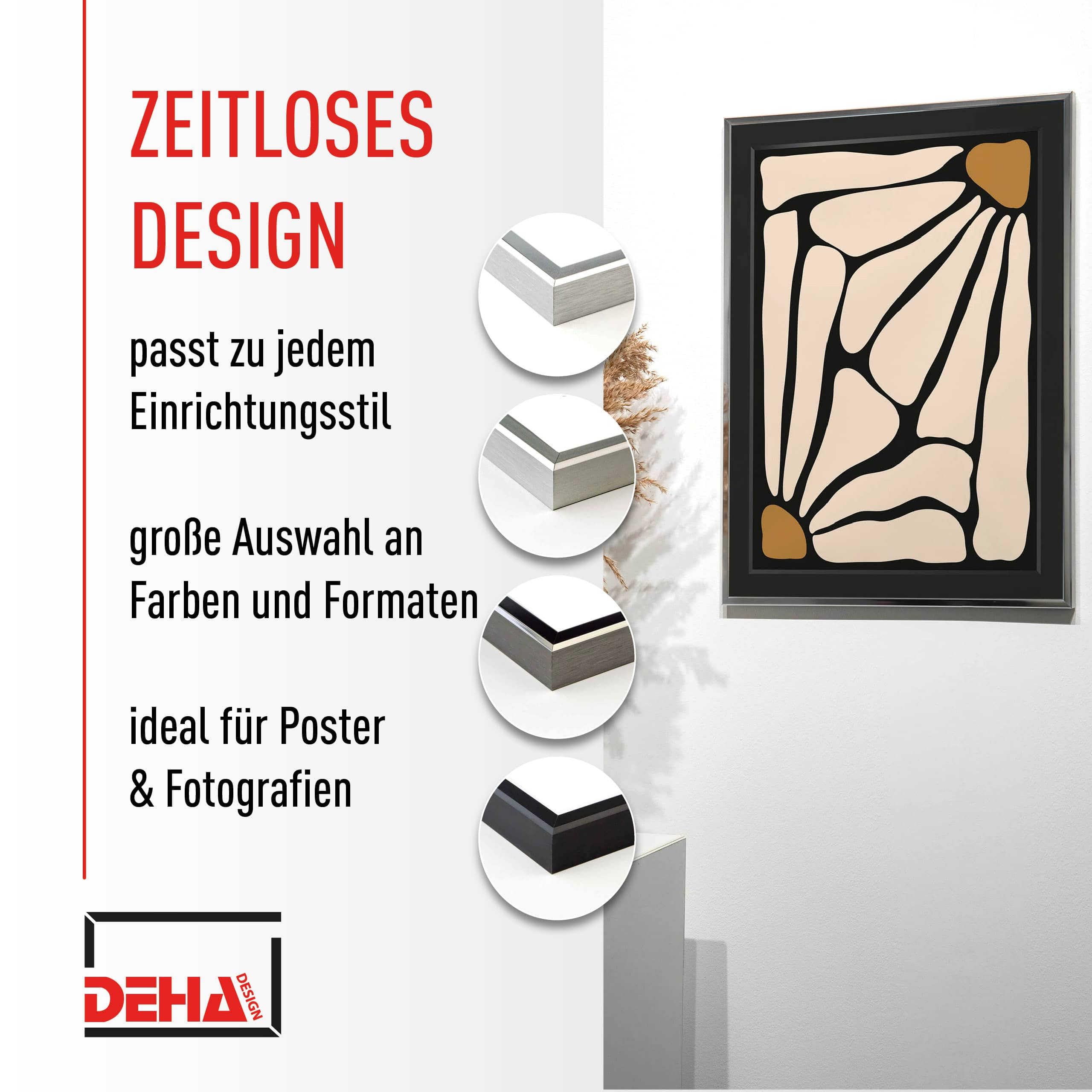 DEHA Design Bilderrahmen, 59,4 x 84,1 cm (A1), Aluminium, Schwarz matt, Posterrahmen zum Aufhängen im Hoch- & Querformat, bruchsicheres Kunstglas, Boston