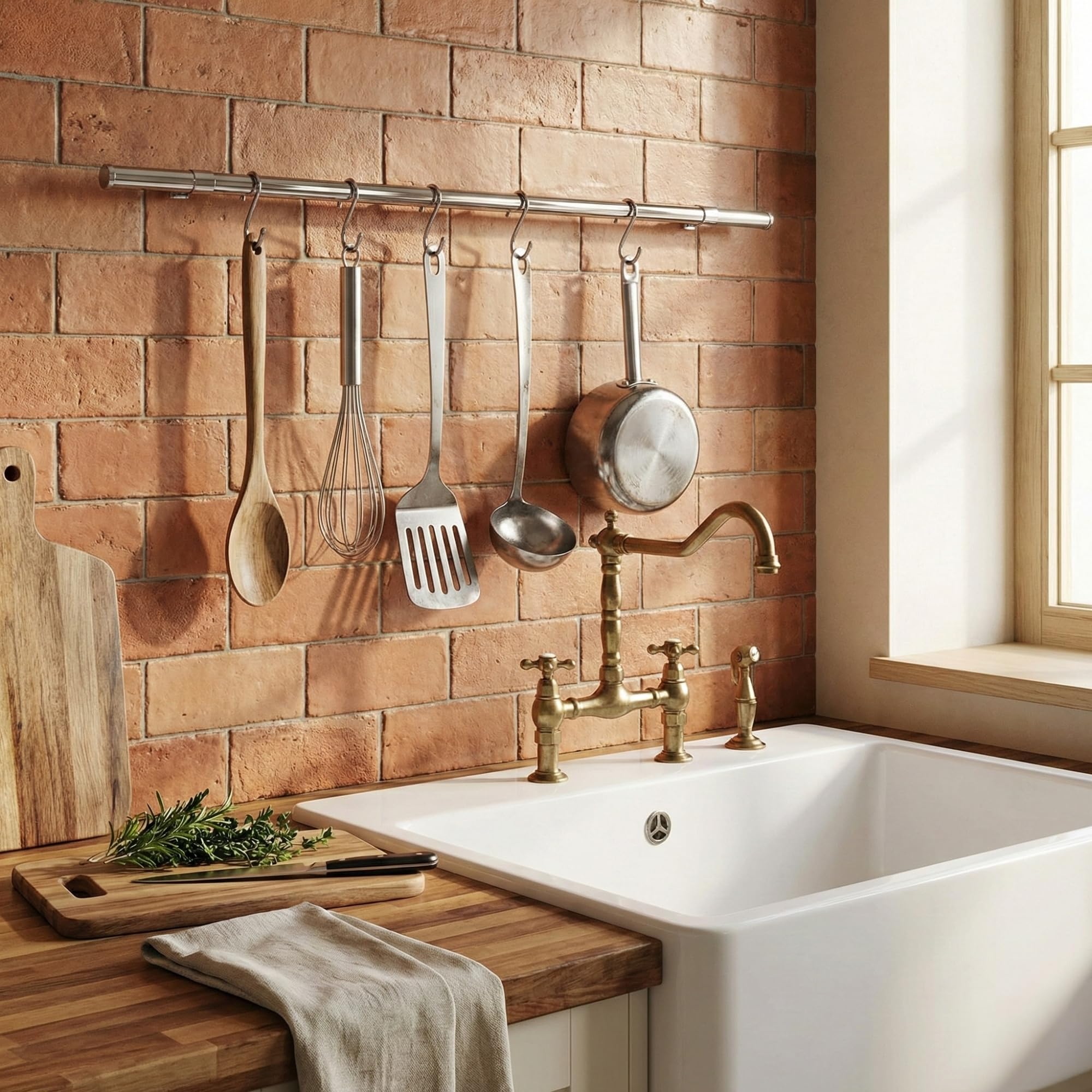 Barra Portautensili Cucina in Metallo 1.6x100 cm, 5 Ganci a S inclusi, Portautensili da Cucina Appendi Mestoli e Utensili Sottopensile