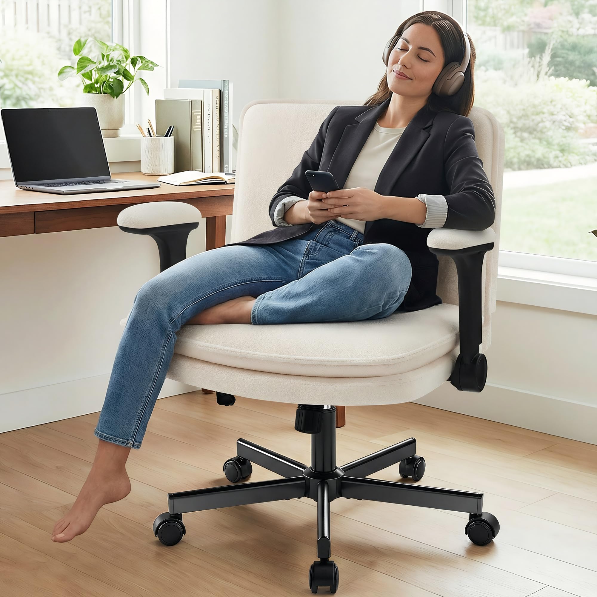 Coscendo Ergonomic Office Chair, Criss Cross Chair with Flip-up Arms and Wide Seat, Comfy Tilting Swivel Rolling Vanity Chair for Home Office Bedroom Apartment, Beige