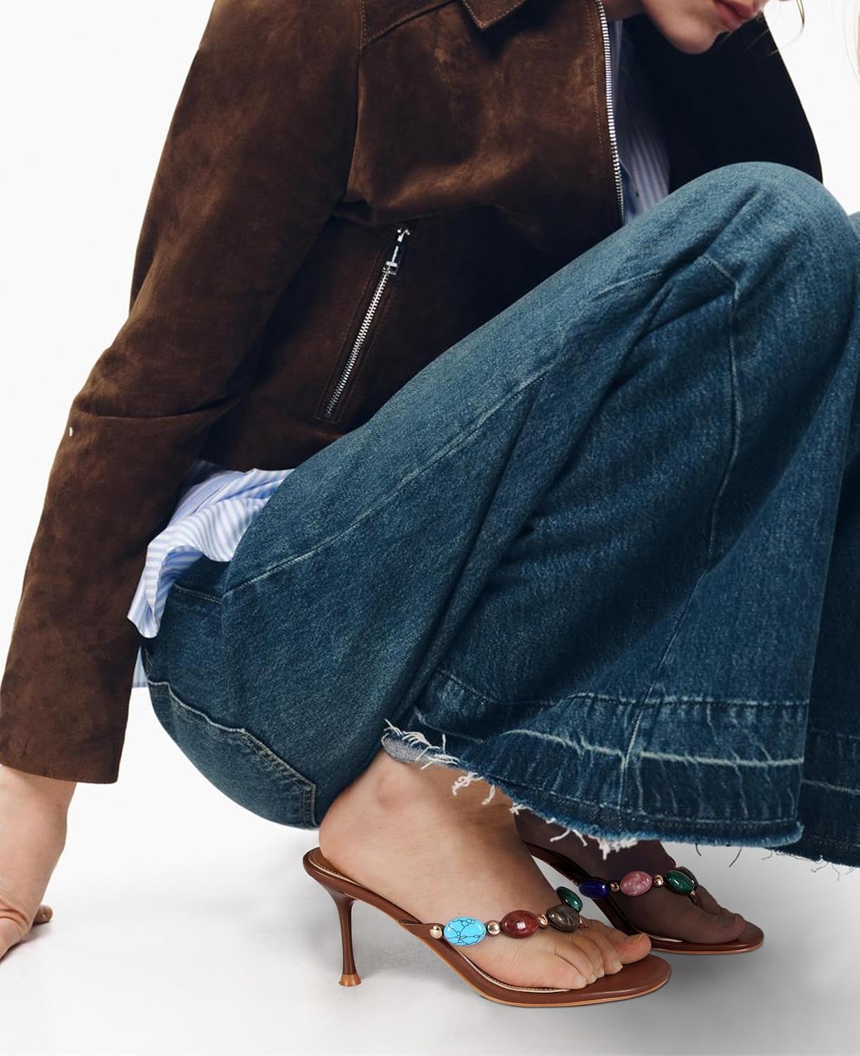 Wnshonzy Women's Strappy Heeled Sandals Jewelled Thong Flip-Flop Kitten Heels Slip On Pumps Stiletto Dressy Summer Mule High Heel Round Open Toe Fashion Vintage Bohemia - Image 2