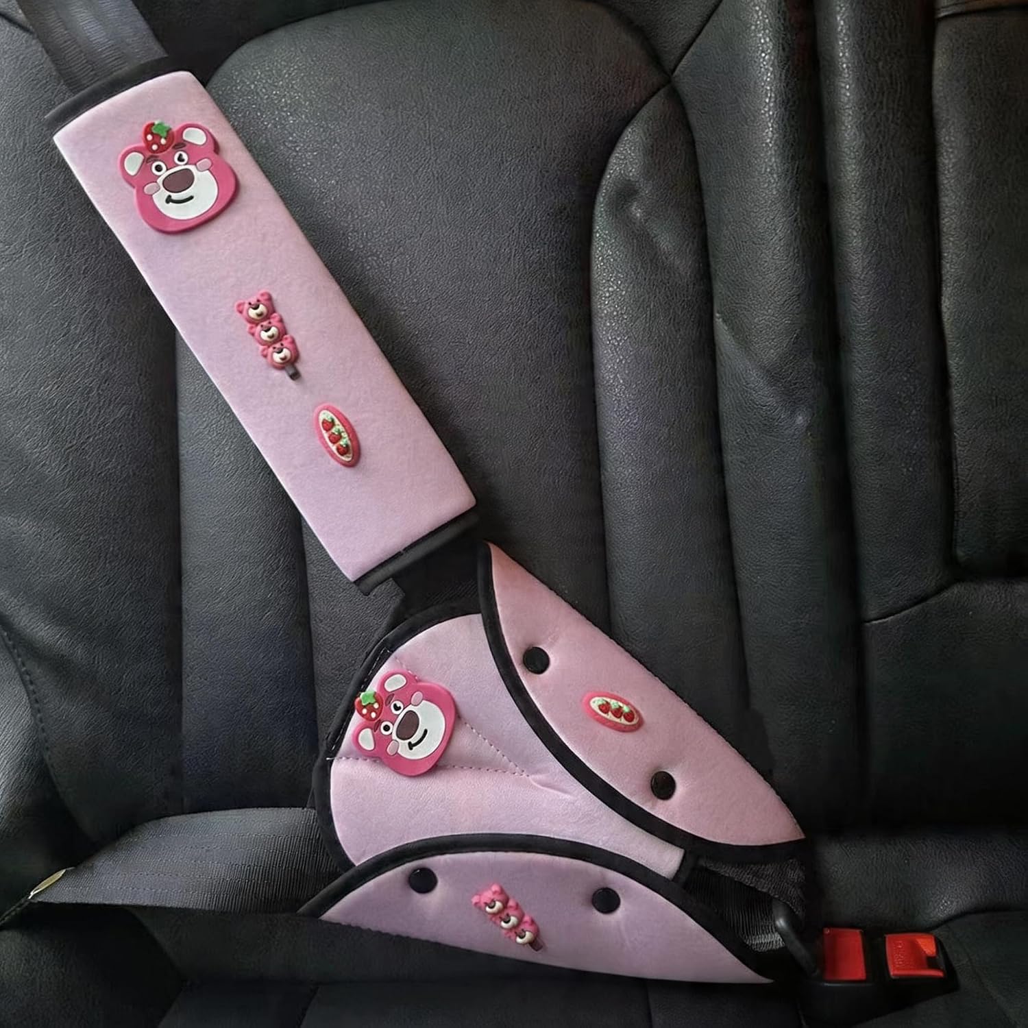 Universal Car Seat Belt Cover Pad, Soft Shoulder & Abdominal Cushion for Kids, 2-Pack Comfort Accessory for Travel (Strawberry Bear)