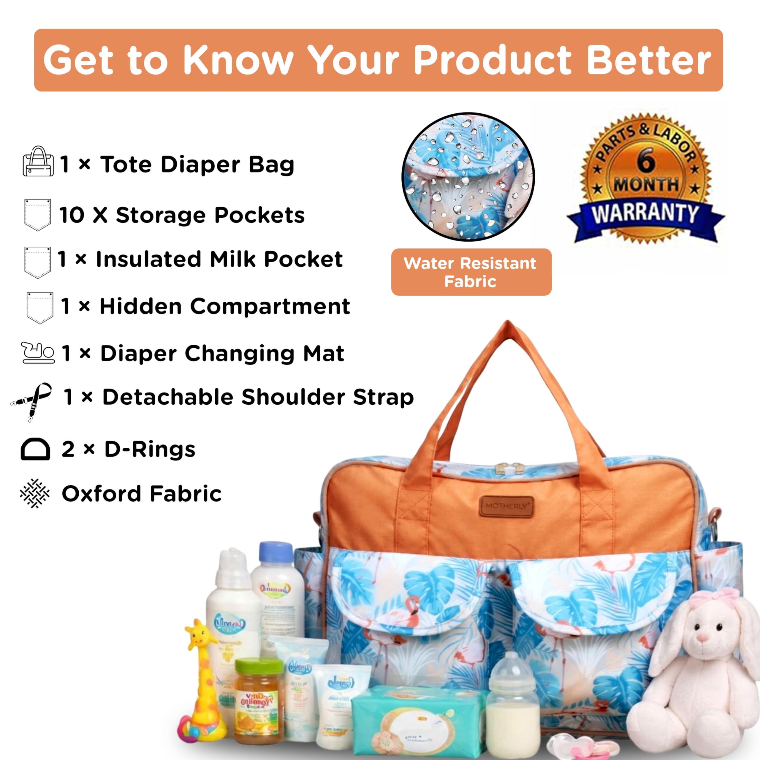 Motherly Tote Diaper Bag for Moms with Changing Mat, Grace Series, Flamingo